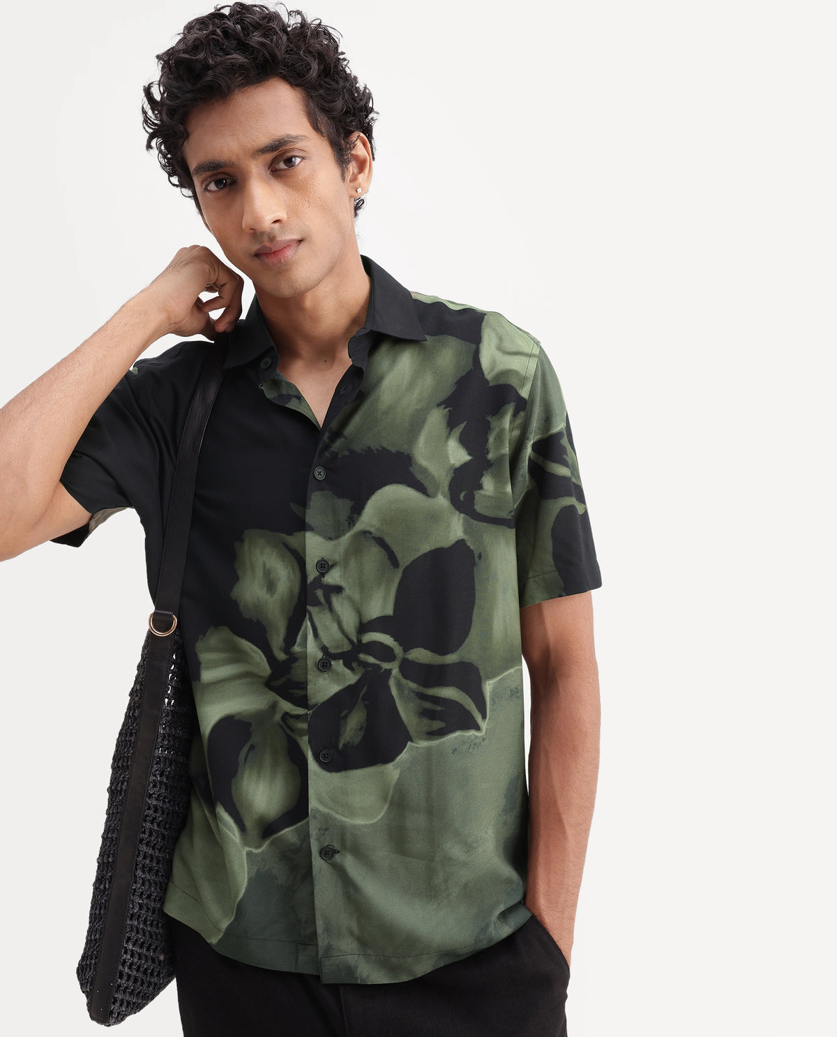 Rare Rabbit Men's Videro Dark Green Viscose Spread Collar Button Regular Floral Print Shirt
