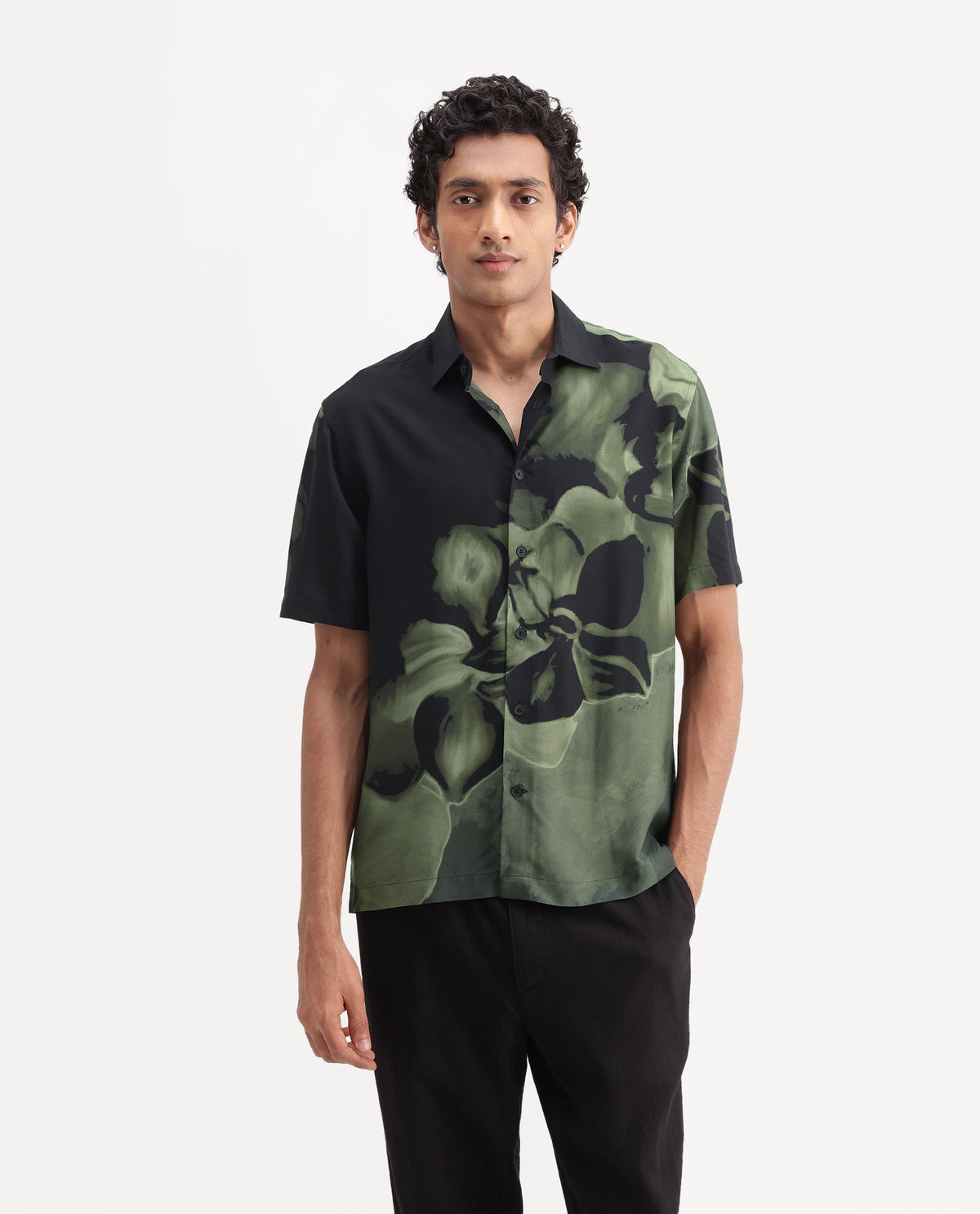 Rare Rabbit Men's Videro Dark Green Viscose Spread Collar Button Regular Floral Print Shirt