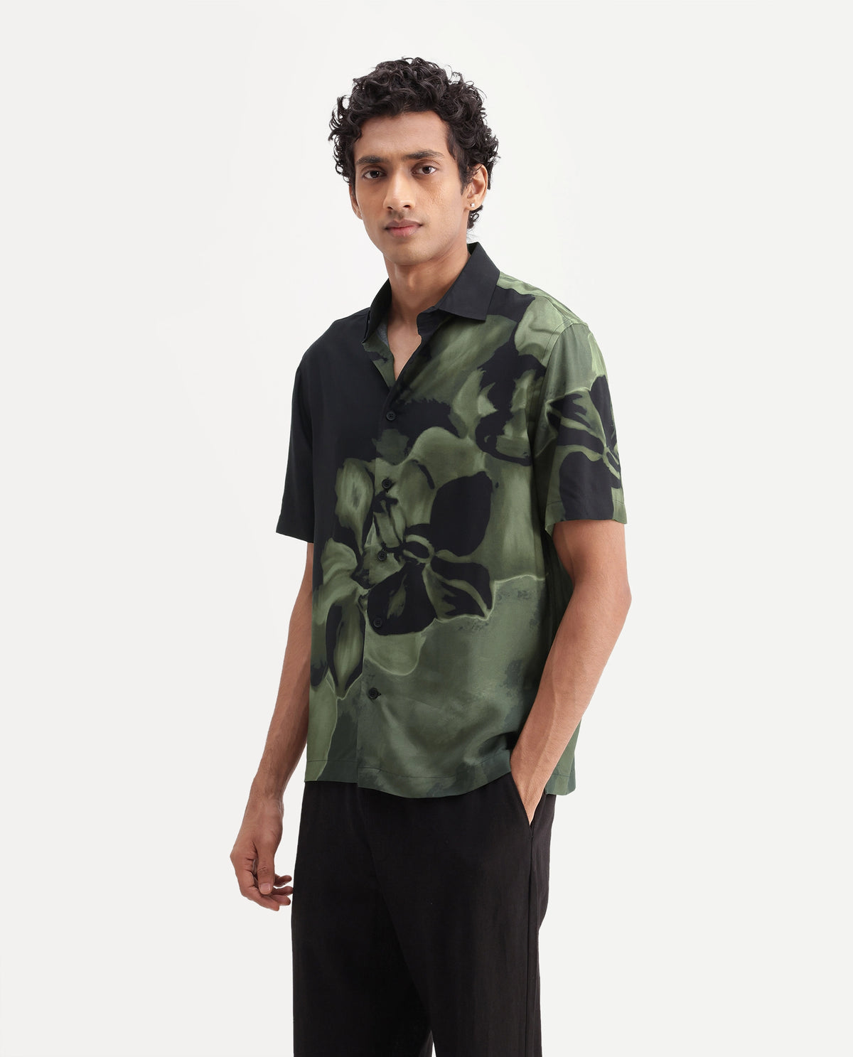 Rare Rabbit Men's Videro Dark Green Viscose Spread Collar Button Regular Floral Print Shirt