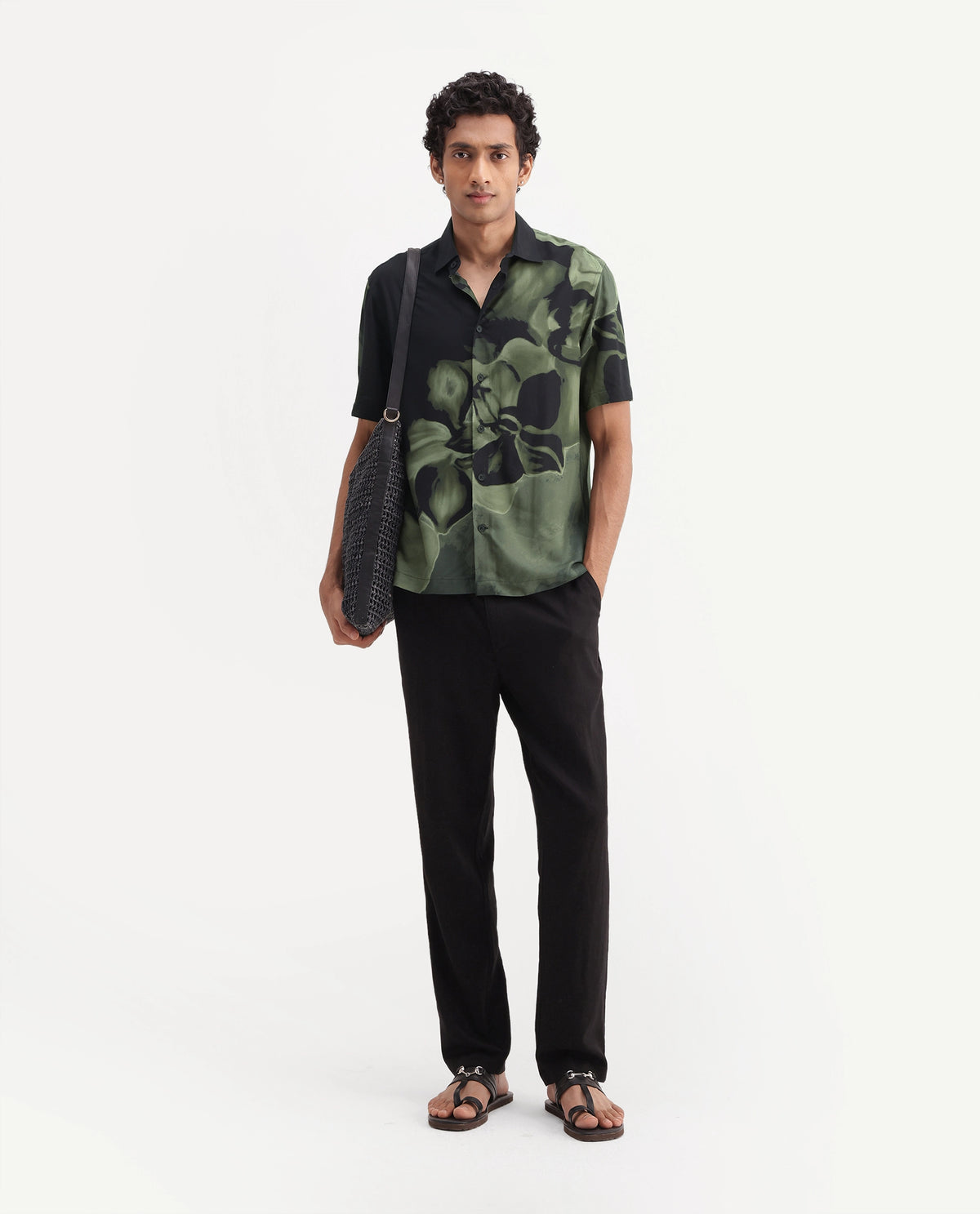 Rare Rabbit Men's Videro Dark Green Viscose Spread Collar Button Regular Floral Print Shirt