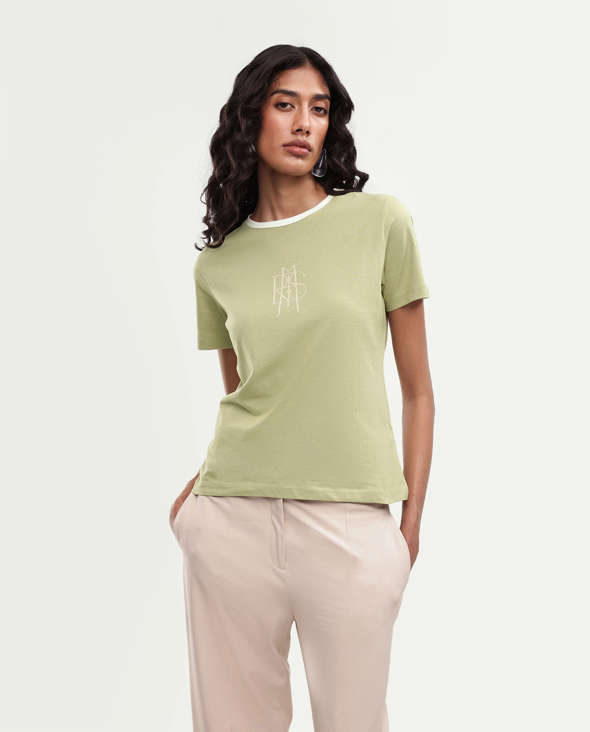 Rareism Women's Cosmes Light Green Cotton Crew Neck Regular Hd Print T-Shirt