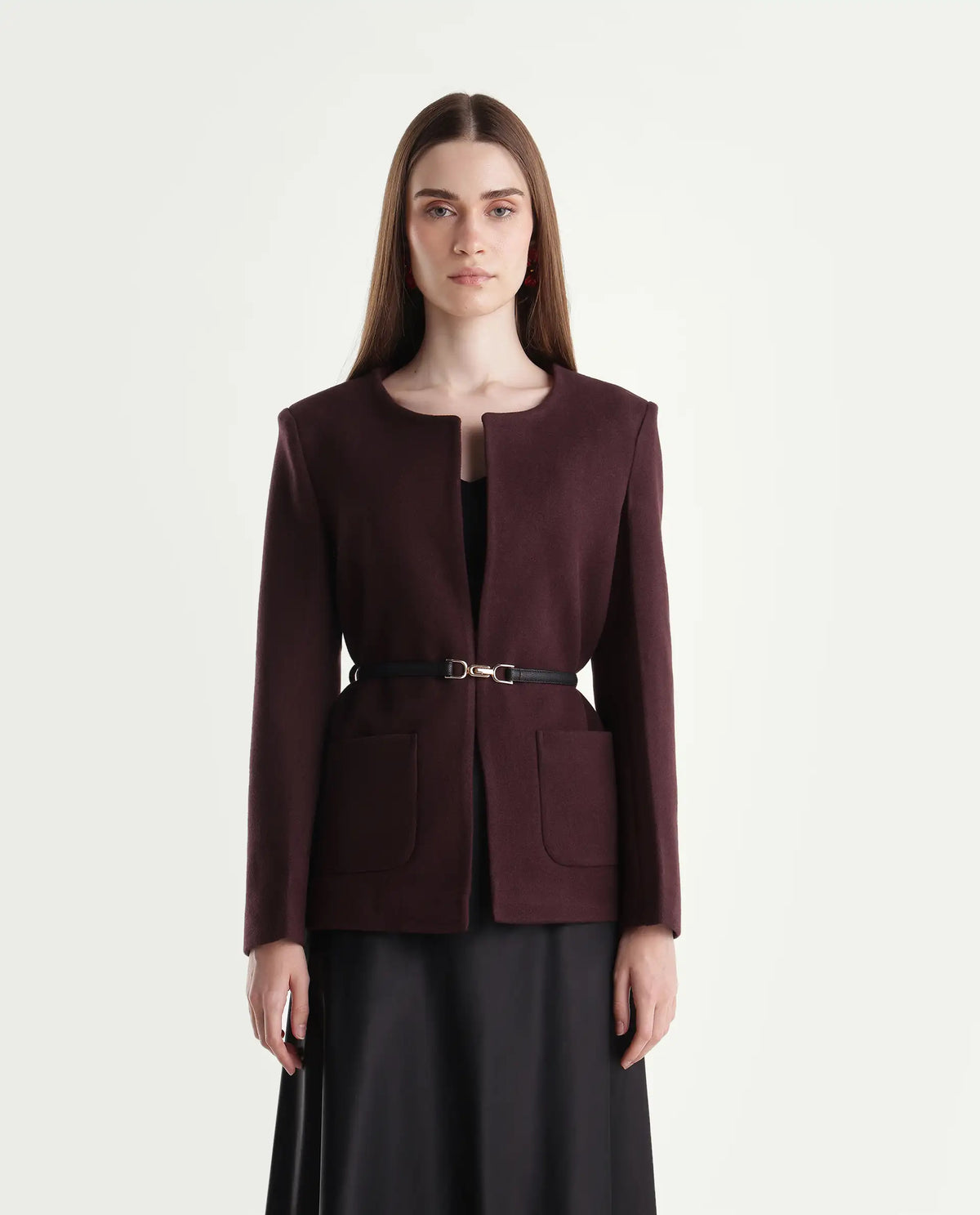 Rareism Women's Nexmaraw26 Dark Maroon Polyester Crew Neck Regular Plain Jacket