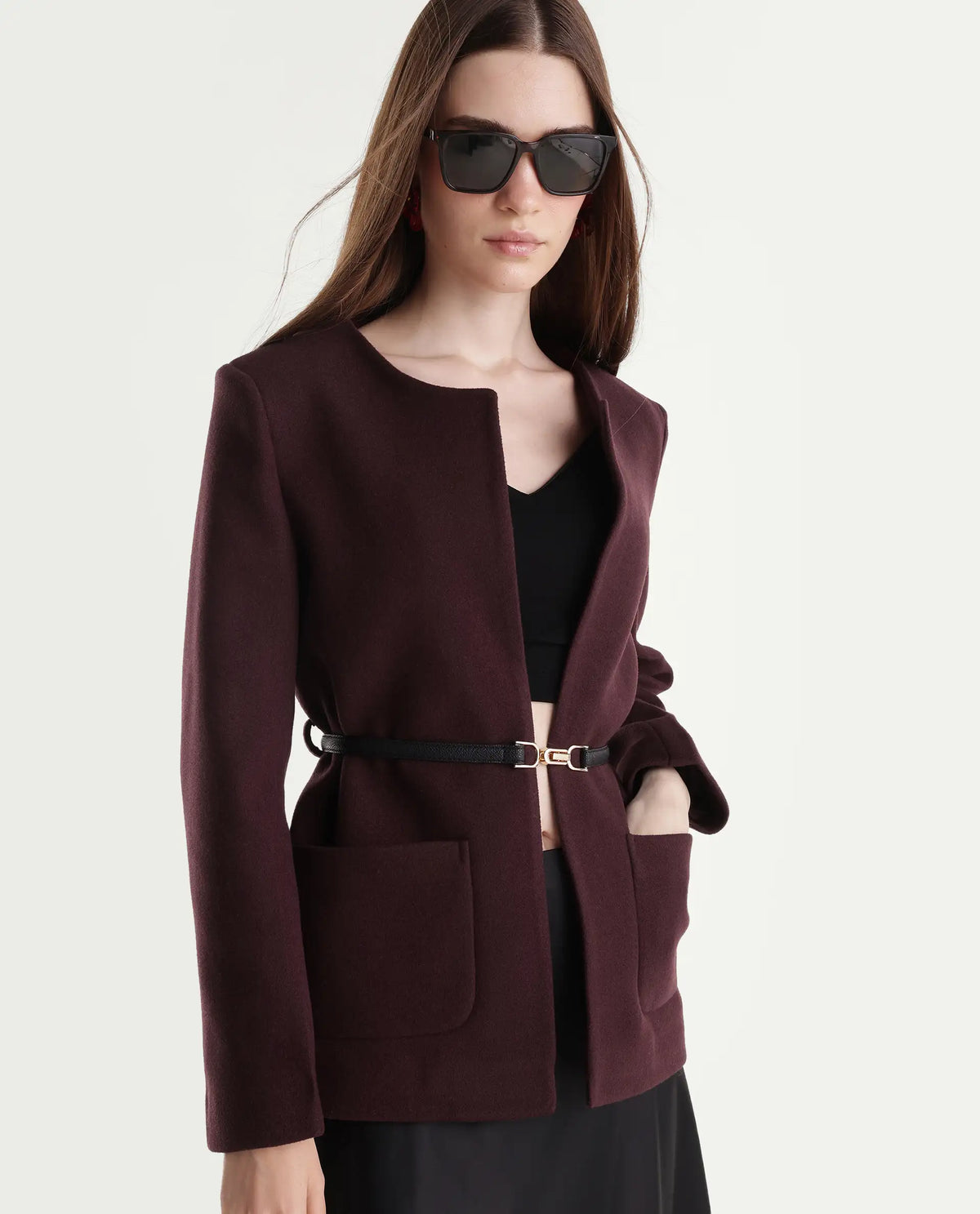 Rareism Women's Nexmaraw26 Dark Maroon Polyester Crew Neck Regular Plain Jacket