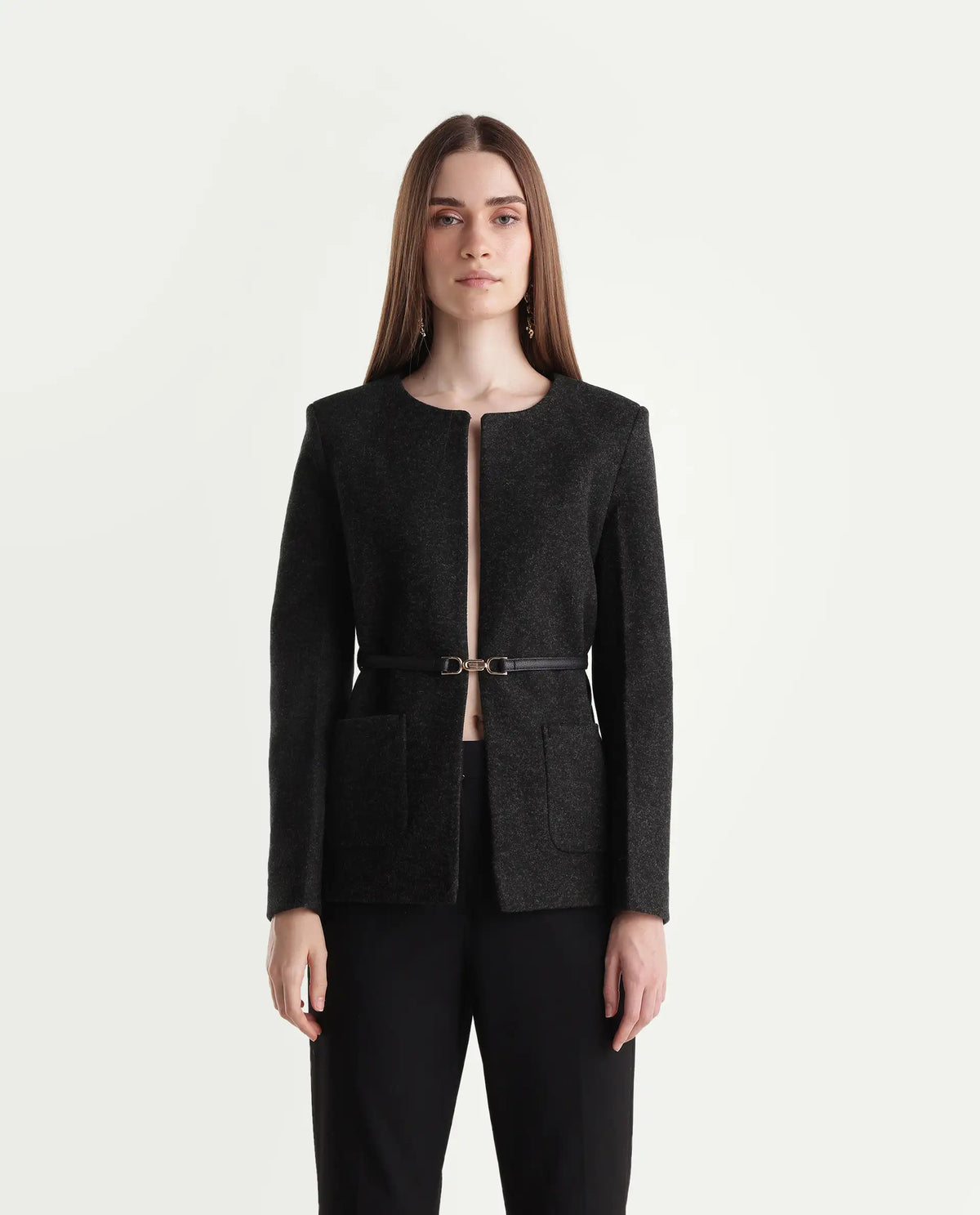 Rareism Women's Nexmaraw26 Dark Grey Polyester Crew Neck Regular Plain Jacket