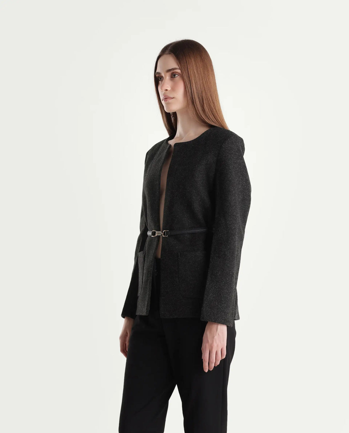 Rareism Women's Nexmaraw26 Dark Grey Polyester Crew Neck Regular Plain Jacket