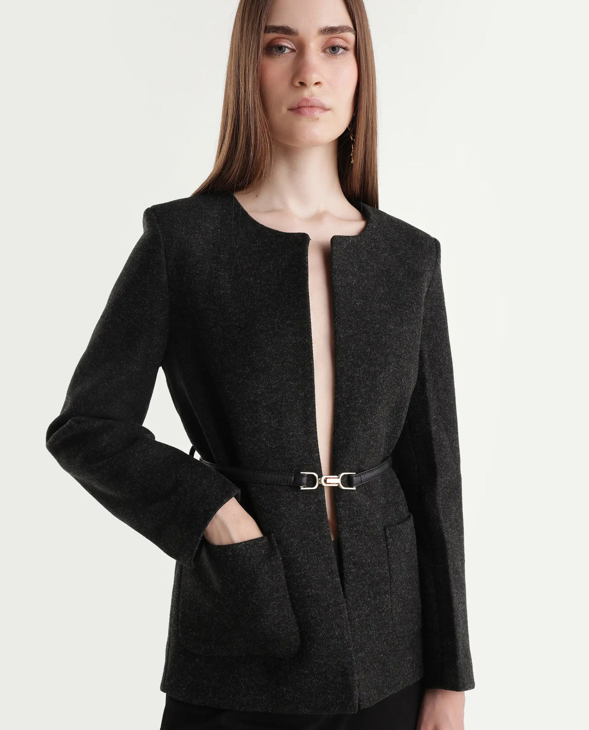 Rareism Women's Nexmaraw26 Dark Grey Polyester Crew Neck Regular Plain Jacket