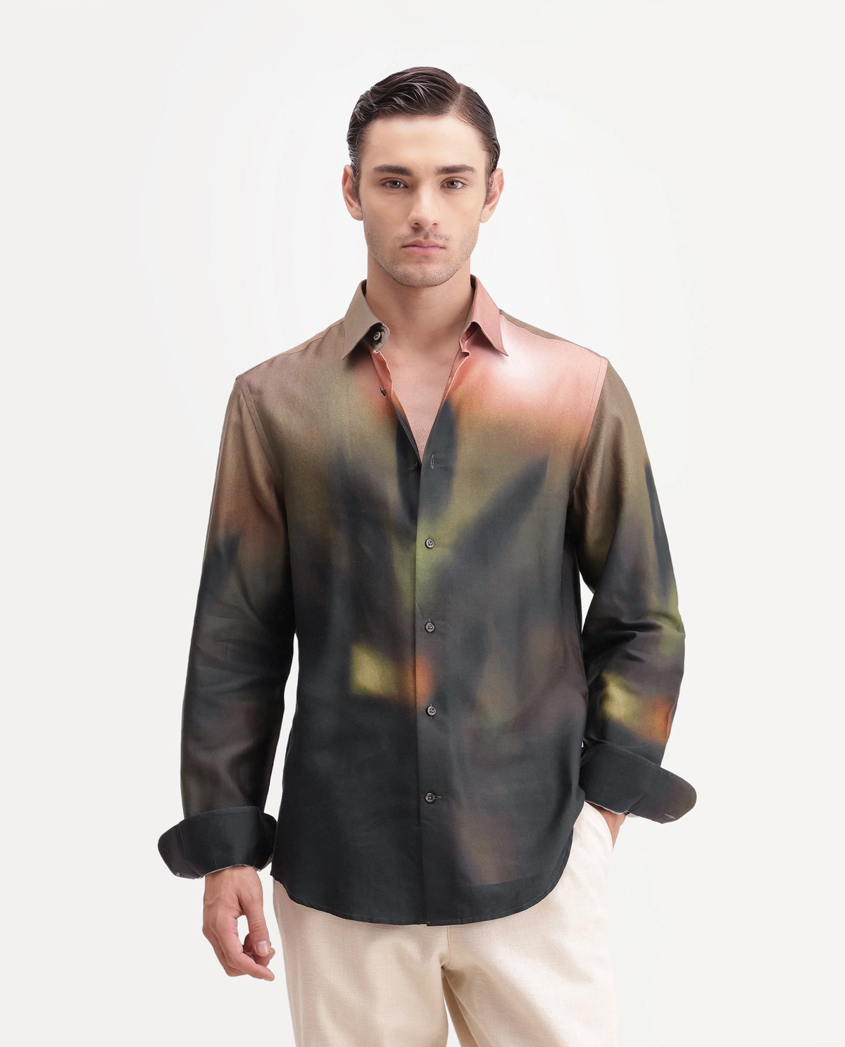 Rare Rabbit Men's Smore Dusky Green Cotton Blend Spread Collar Regular Floral Print Shirt