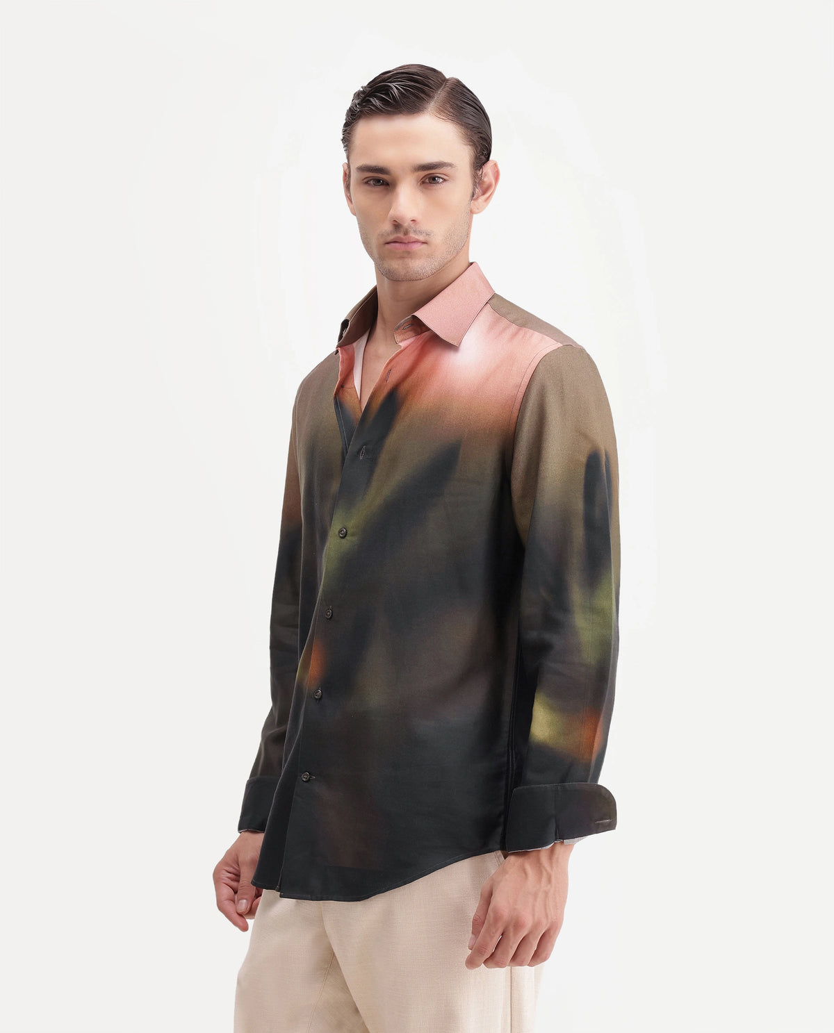 Rare Rabbit Men's Smore Dusky Green Cotton Blend Spread Collar Regular Floral Print Shirt