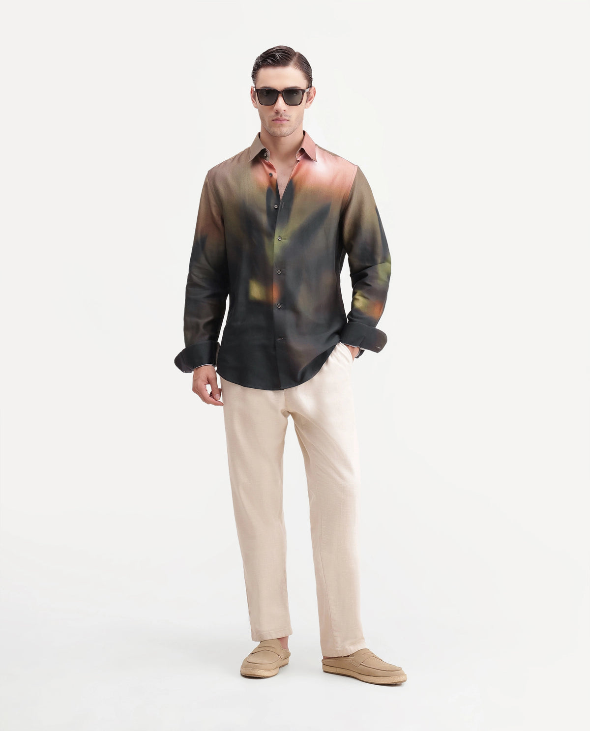 Rare Rabbit Men's Smore Dusky Green Cotton Blend Spread Collar Regular Floral Print Shirt