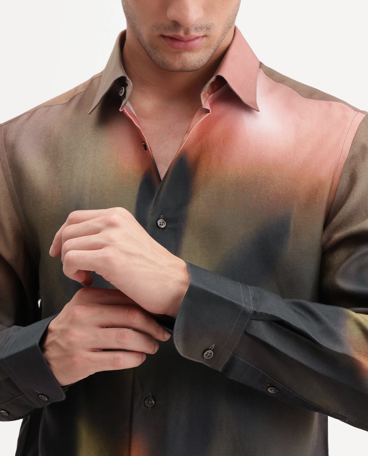 Rare Rabbit Men's Smore Dusky Green Cotton Blend Spread Collar Regular Floral Print Shirt