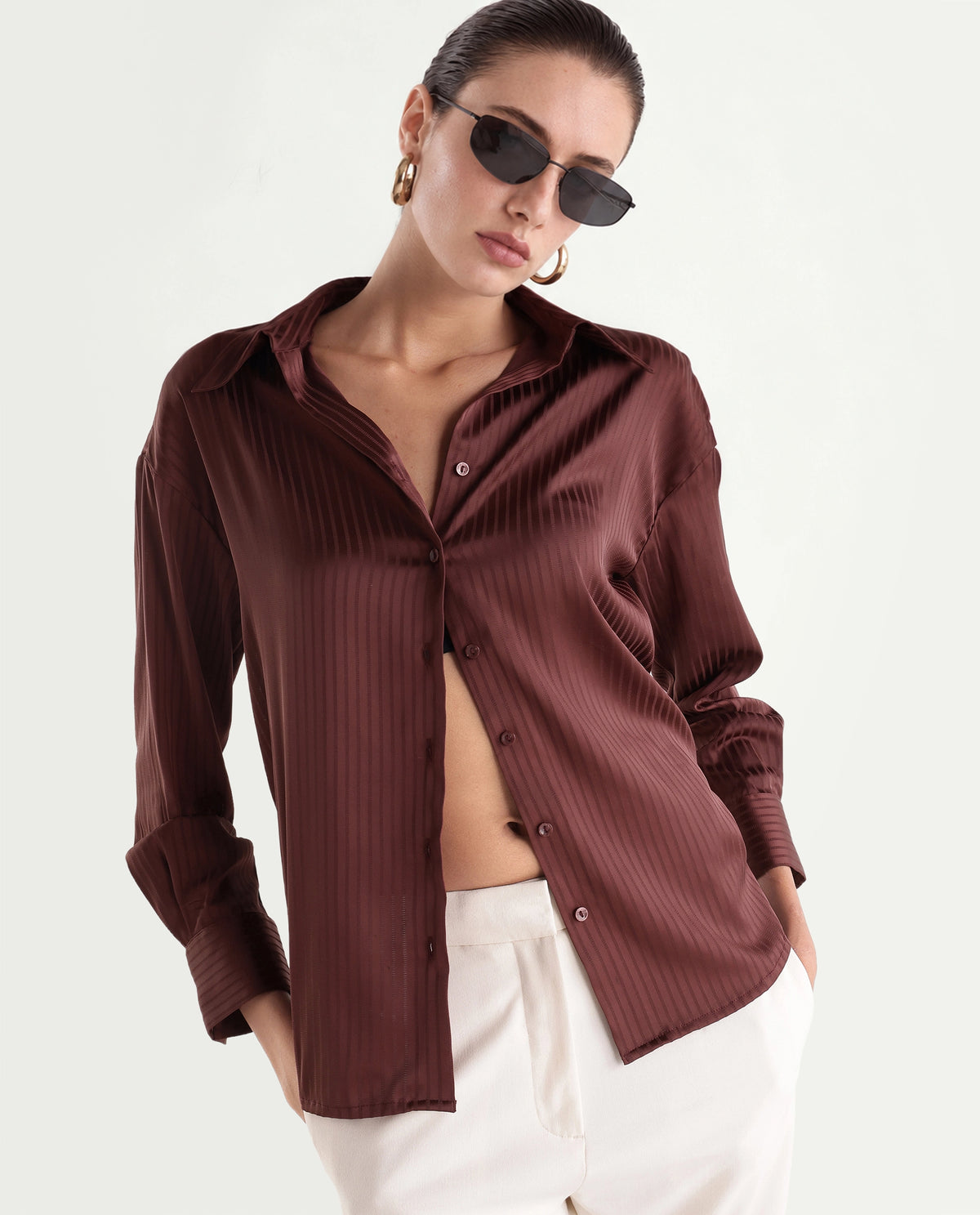 Rareism Women's Xia Dark Purple Polyester Spread Collar Relaxed Plain Shirt