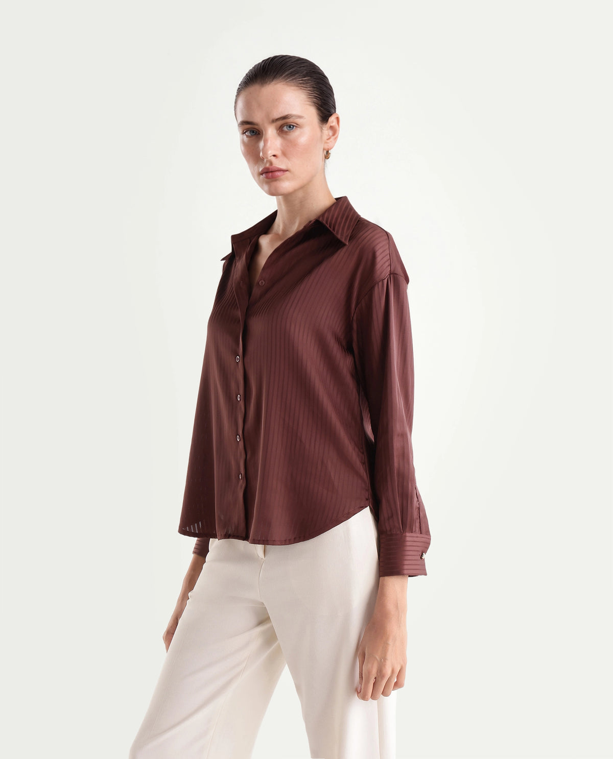 Rareism Women's Xia Dark Purple Polyester Spread Collar Relaxed Plain Shirt