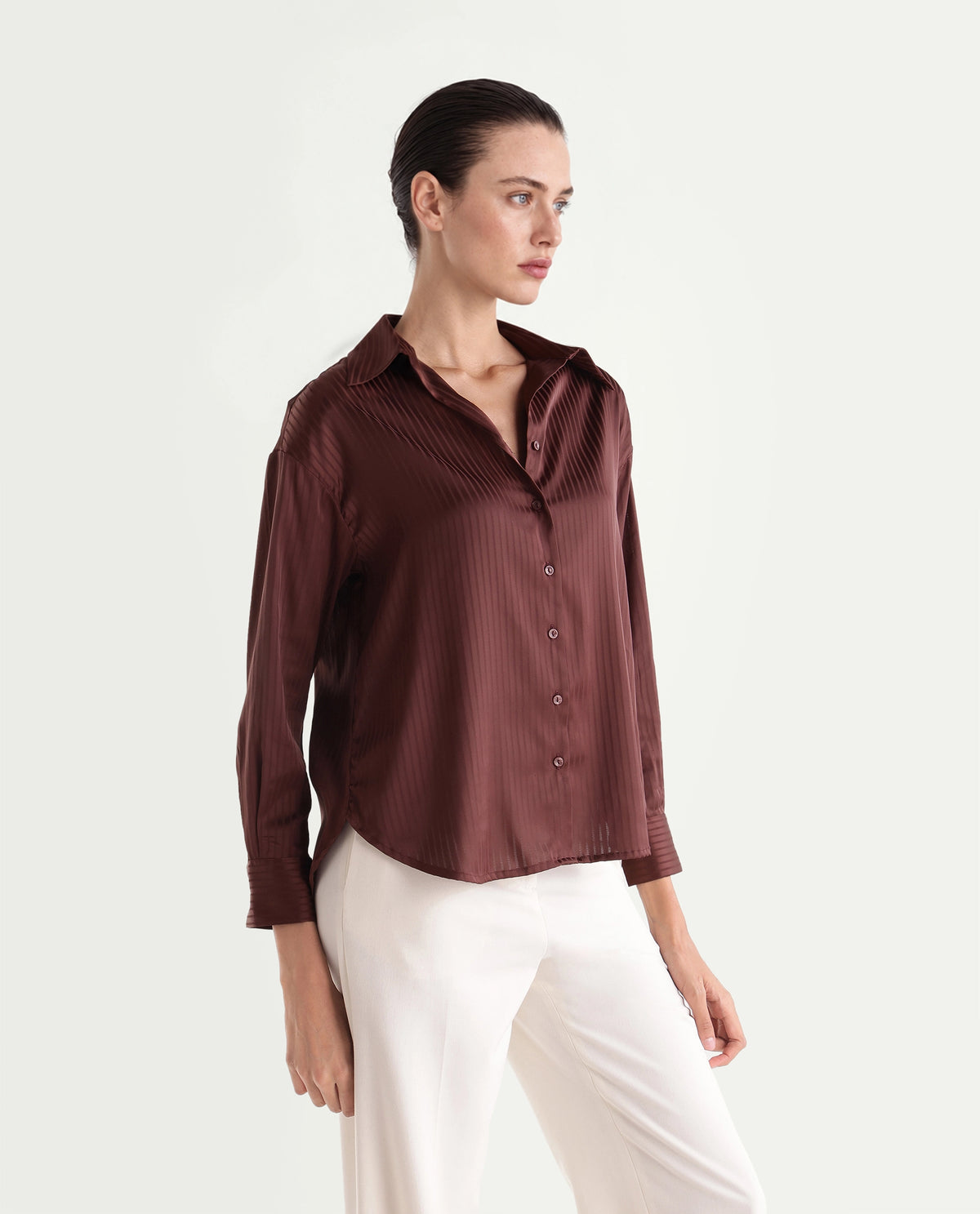Rareism Women's Xia Dark Purple Polyester Spread Collar Relaxed Plain Shirt