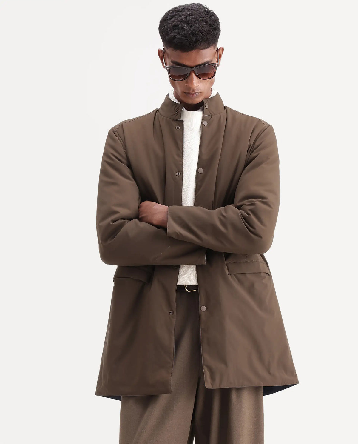Rare Rabbit Men's Fley Brown Cotton High Neck Regular Plain Jacket