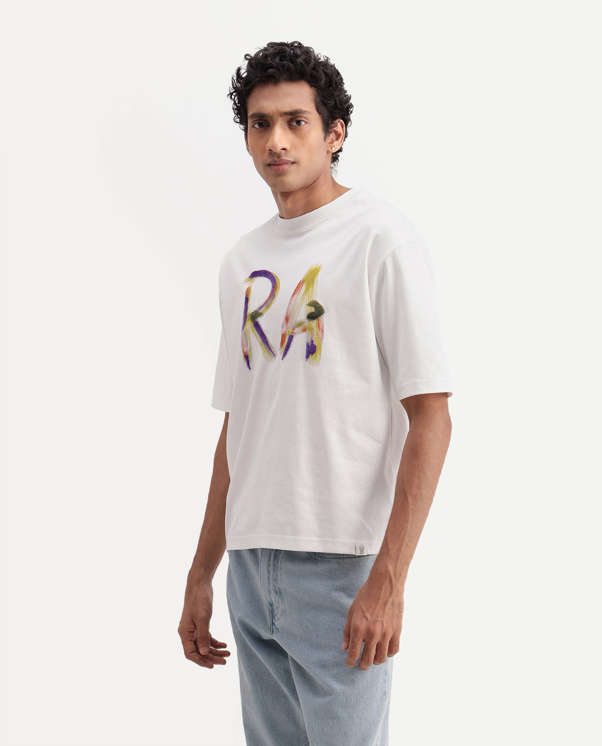 Rare Rabbit Men's Cavo Off White Cotton Crew Neck Relaxed Graphic Print T-Shirt
