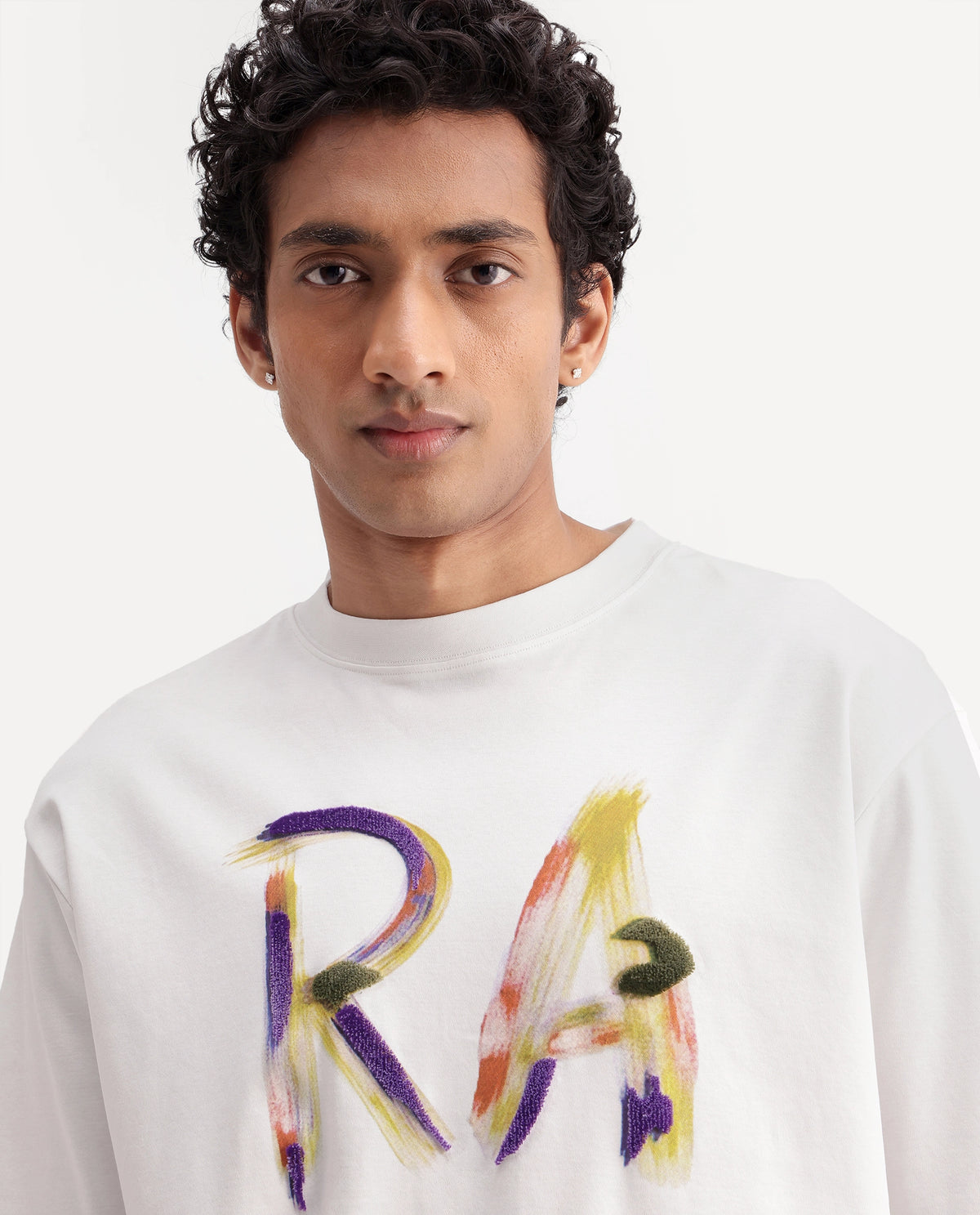 Rare Rabbit Men's Cavo Off White Cotton Crew Neck Relaxed Graphic Print T-Shirt
