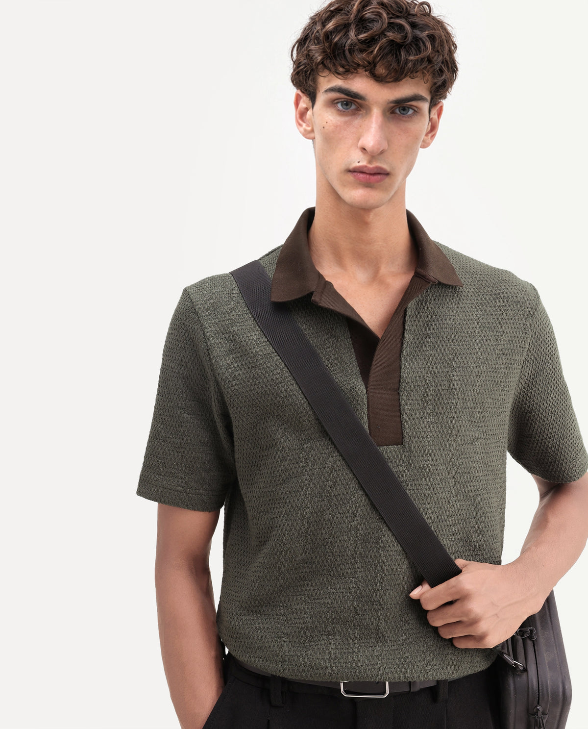 Rare Rabbit Men's Mark Dark Olive Cotton Blend Spread Collar Regular Textured Polo