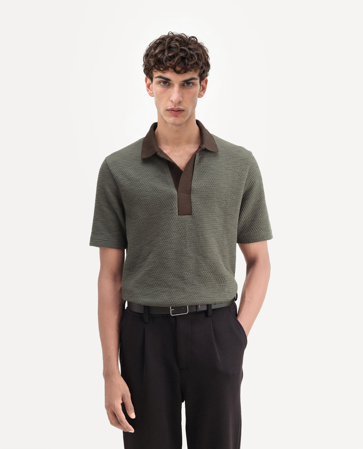 Rare Rabbit Men's Mark Dark Olive Cotton Blend Spread Collar Regular Textured Polo