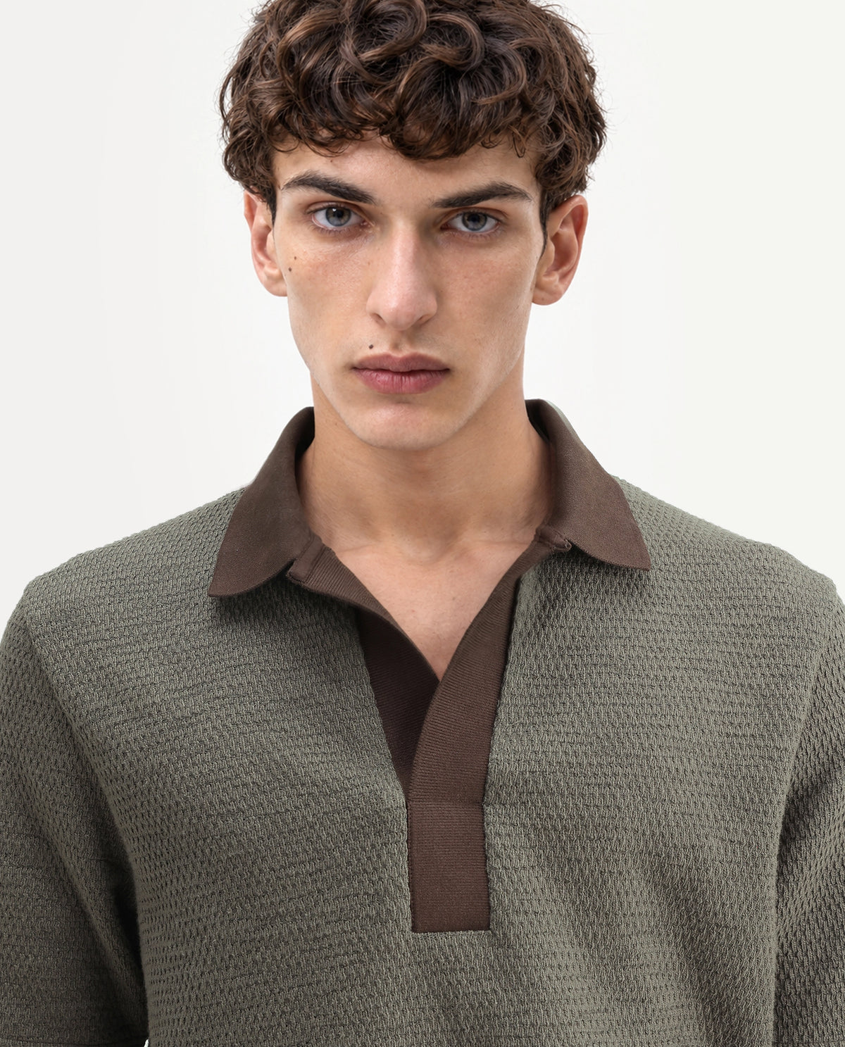 Rare Rabbit Men's Mark Dark Olive Cotton Blend Spread Collar Regular Textured Polo