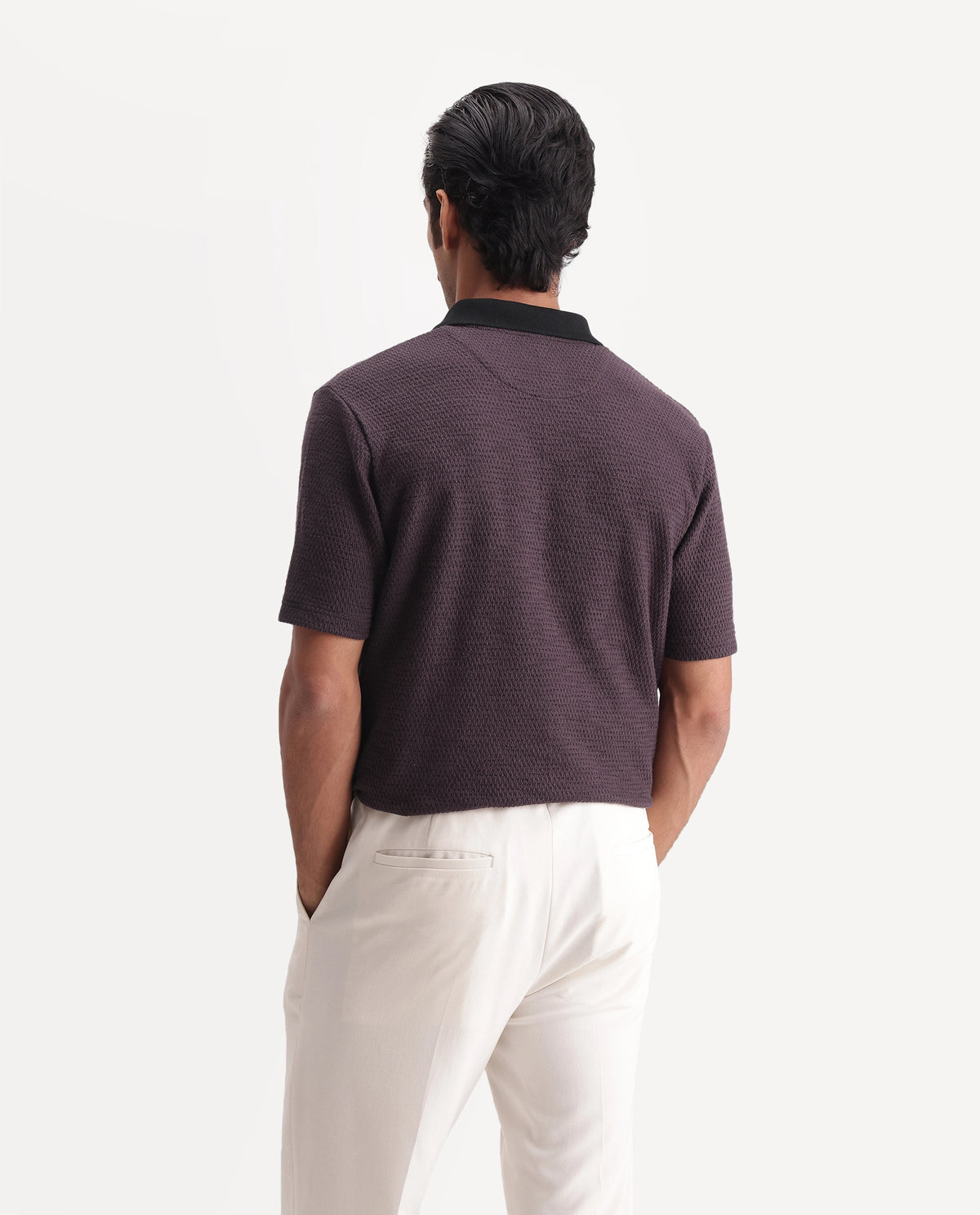 Rare Rabbit Men's Mark Dark Purple Cotton Blend Spread Collar Regular Textured Polo