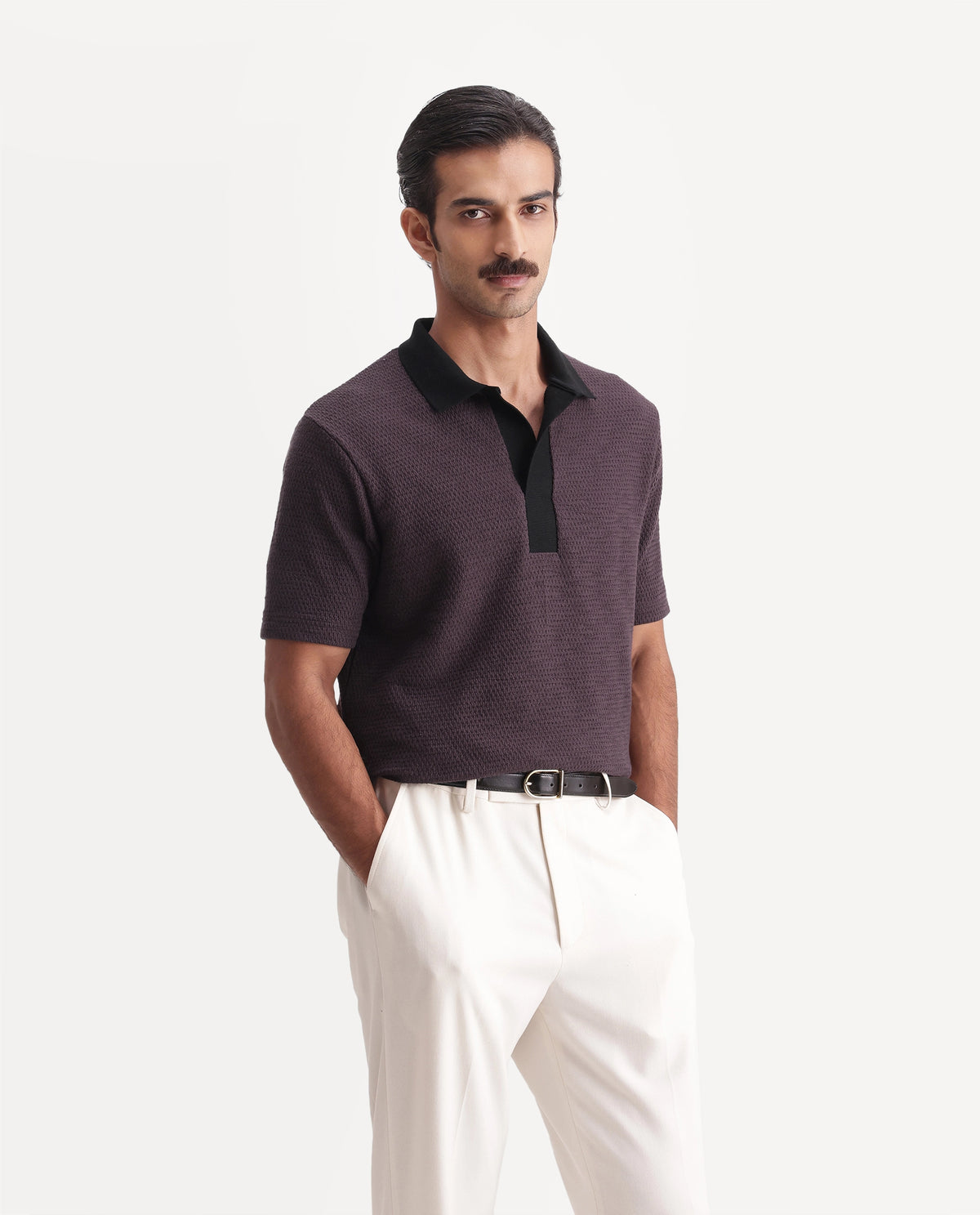 Rare Rabbit Men's Mark Dark Purple Cotton Blend Spread Collar Regular Textured Polo