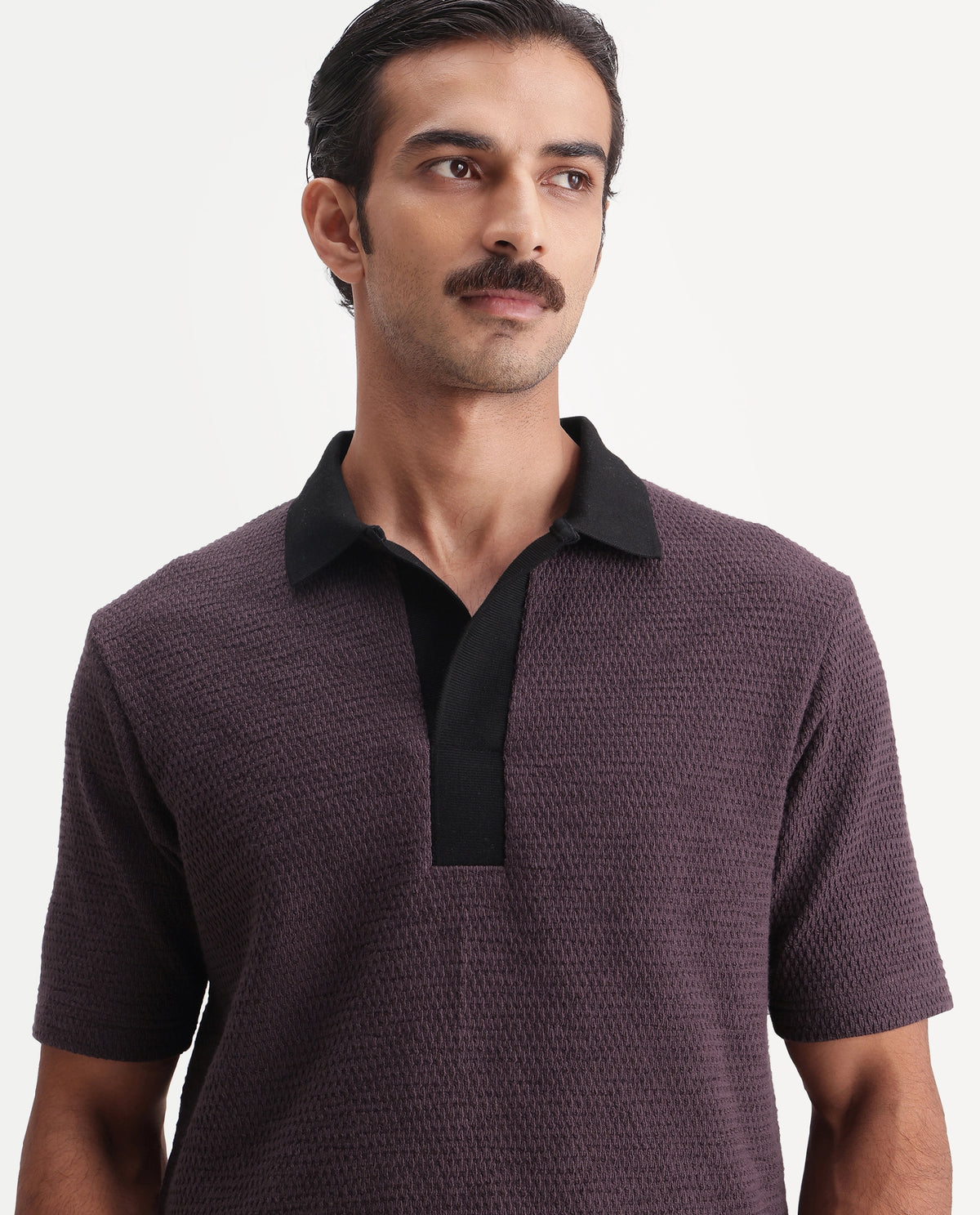 Rare Rabbit Men's Mark Dark Purple Cotton Blend Spread Collar Regular Textured Polo
