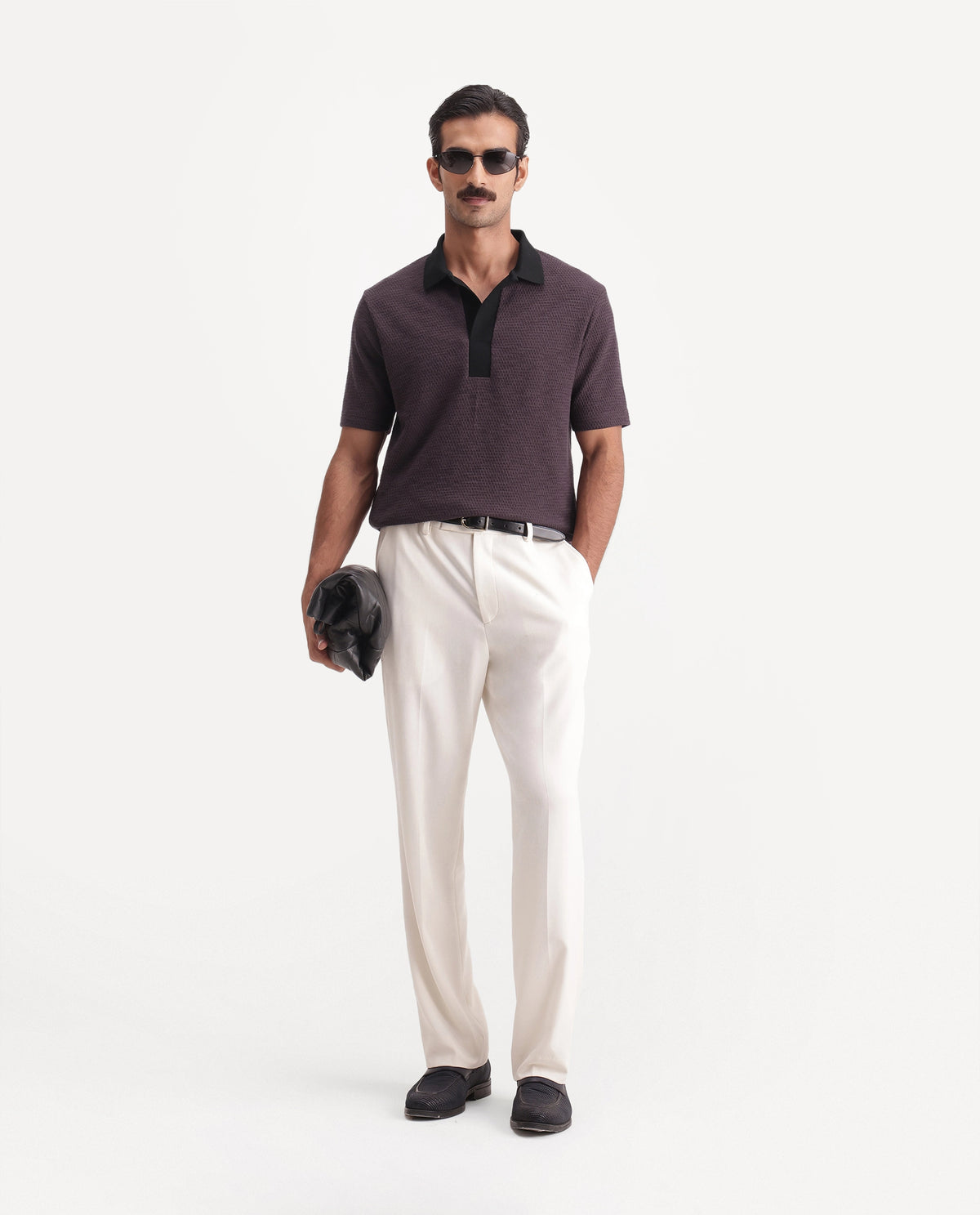 Rare Rabbit Men's Mark Dark Purple Cotton Blend Spread Collar Regular Textured Polo