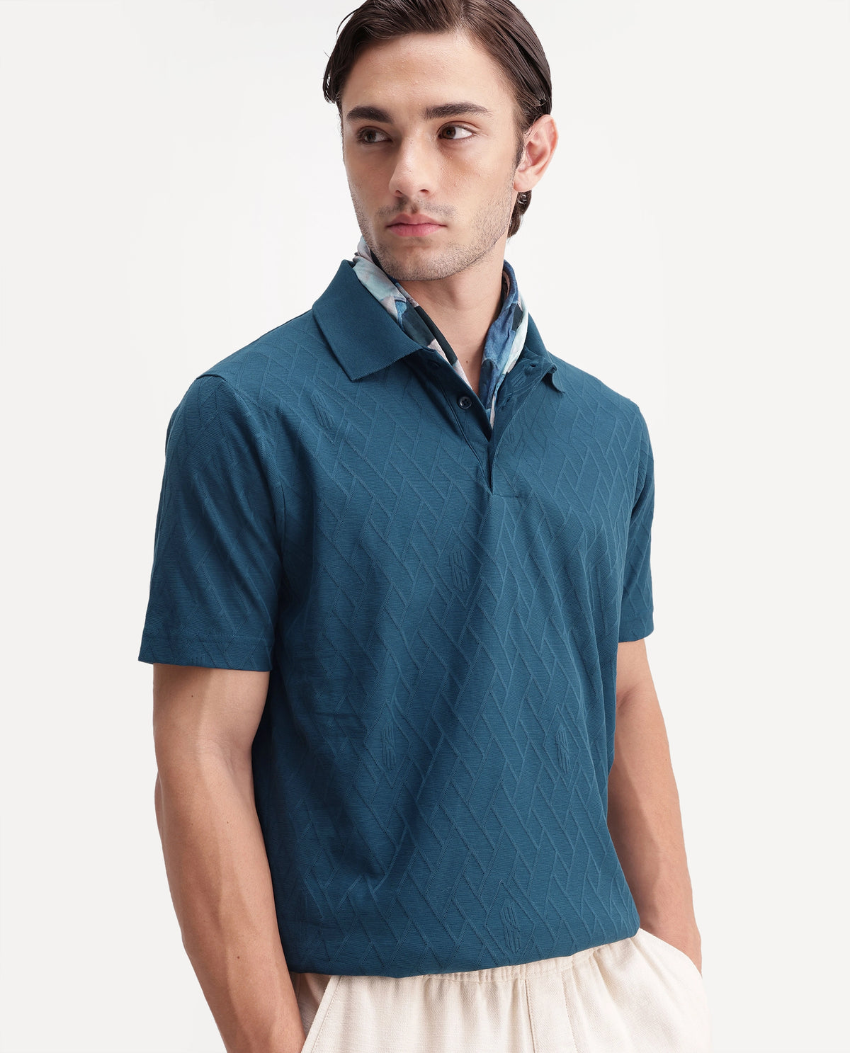 Rare Rabbit Men's West Teal Cotton Spread Collar Regular Plain Polo