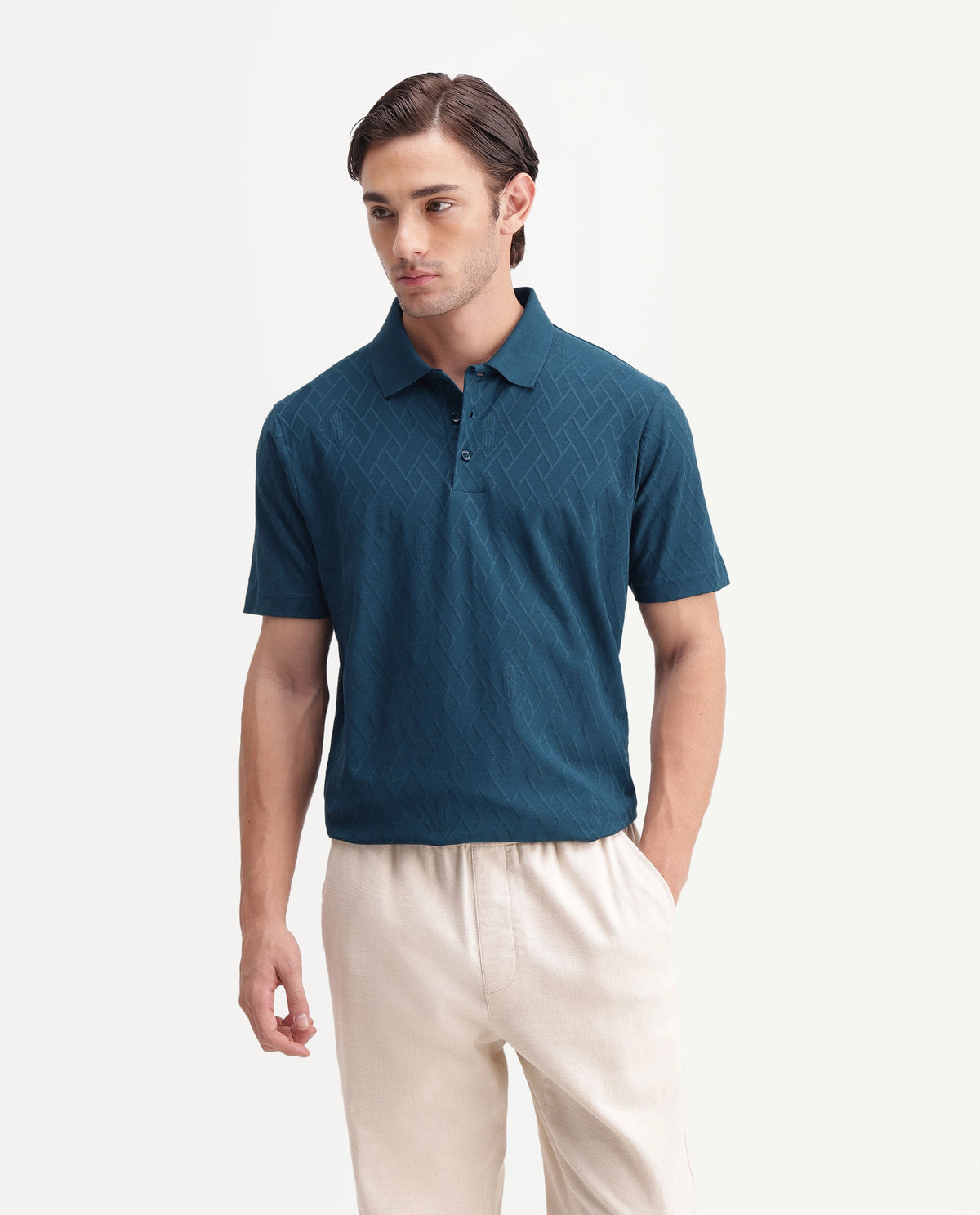 Rare Rabbit Men's West Teal Cotton Spread Collar Regular Plain Polo