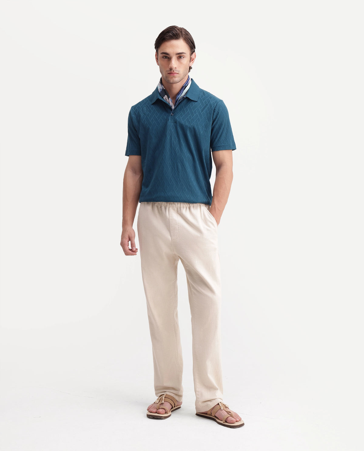 Rare Rabbit Men's West Teal Cotton Spread Collar Regular Plain Polo