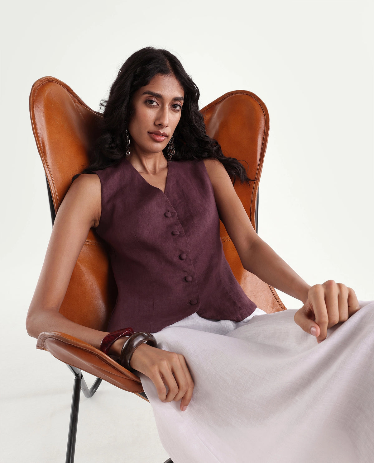 Rareism Women's Rubon-T Dusky Maroon 100% Linen V-Neck Regular Plain Waist Coat