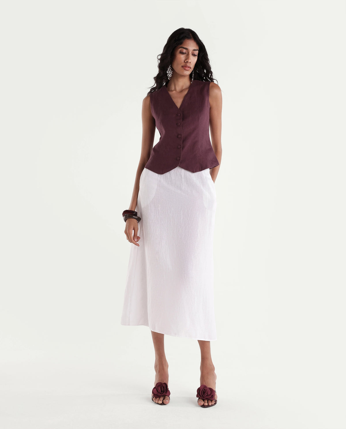 Rareism Women's Rubon-T Dusky Maroon 100% Linen V-Neck Regular Plain Waist Coat