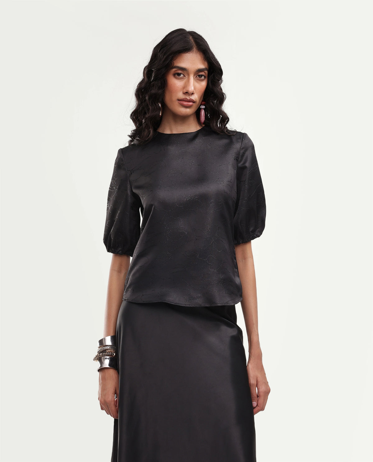 Rareism Women's Xenet Black Polyester Crew Neck Regular Jacquard Top