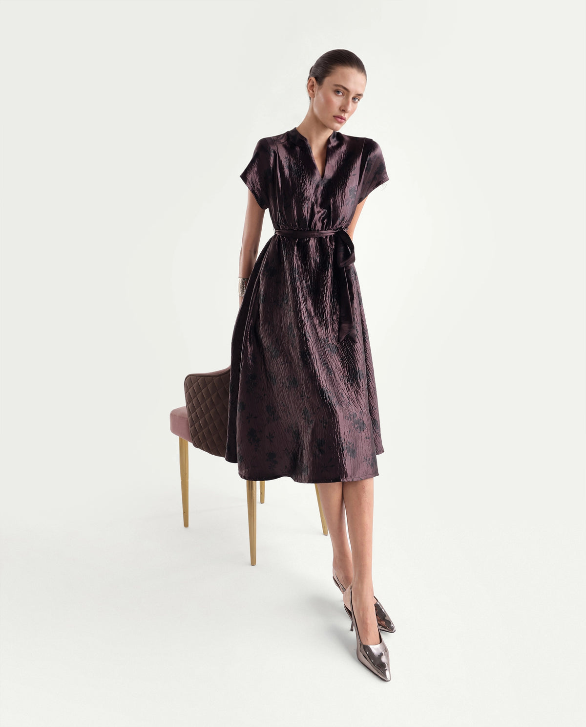 Rareism Women's Xaviha Maroon Polyester V-Neck Fit And Flare Floral Print Dress