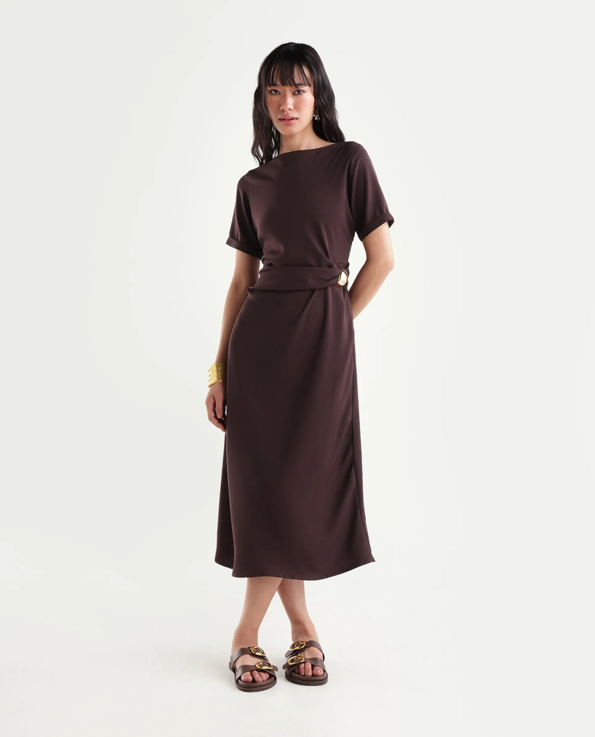 Rareism Women's Xavim Dark Brown Polyester Crew Neck Sheath Plain Dress