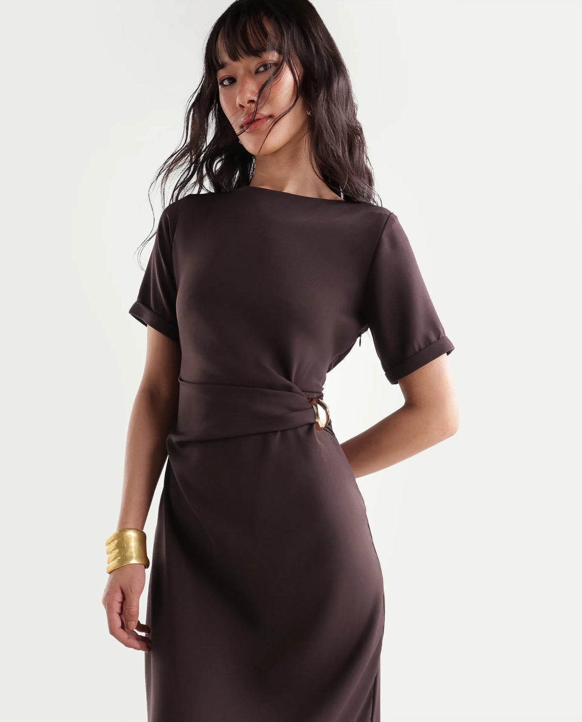 Rareism Women's Xavim Dark Brown Polyester Crew Neck Sheath Plain Dress