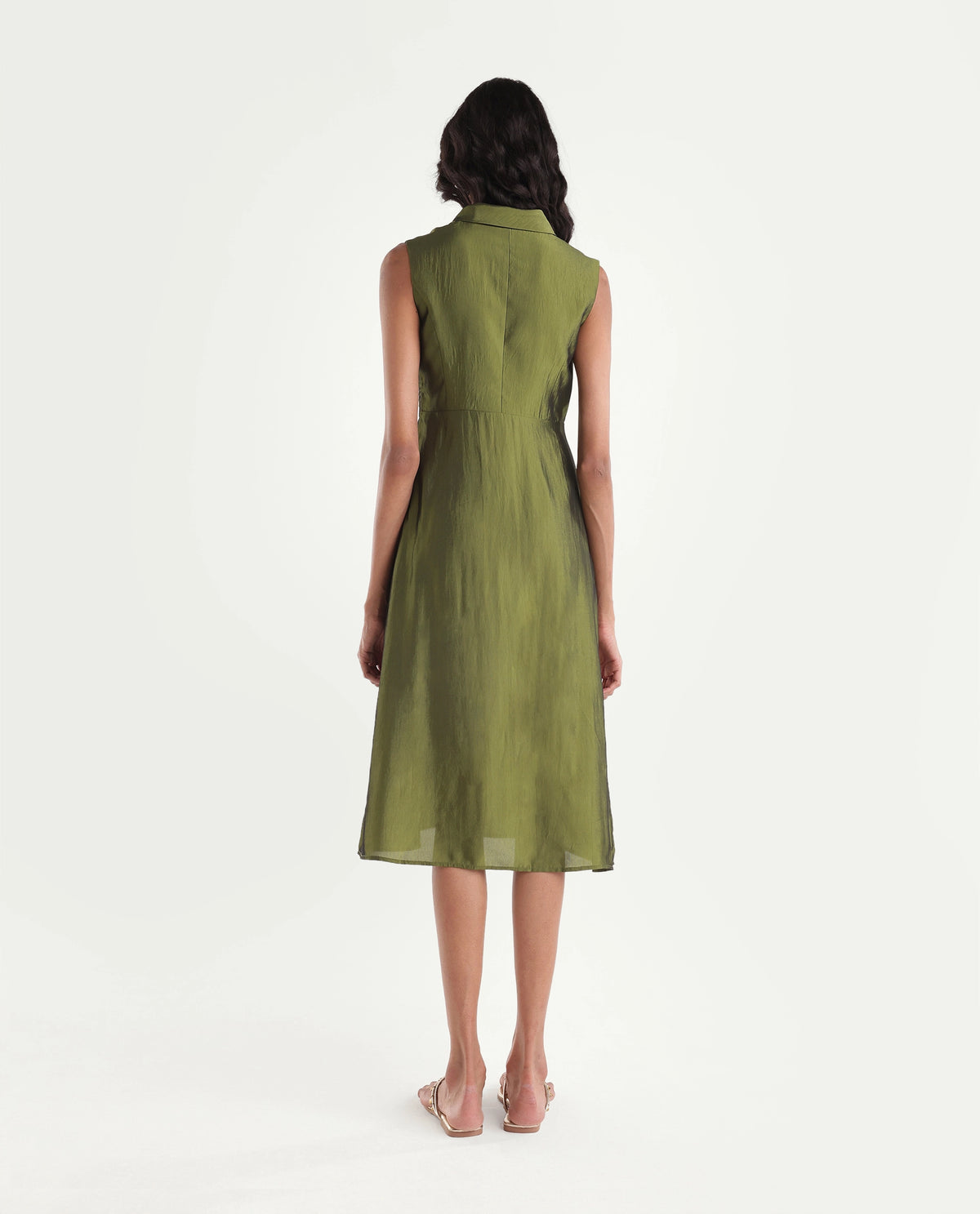 Rareism Women's Xanew Olive Viscose Blend Band Collar Fit And Flare Plain Dress
