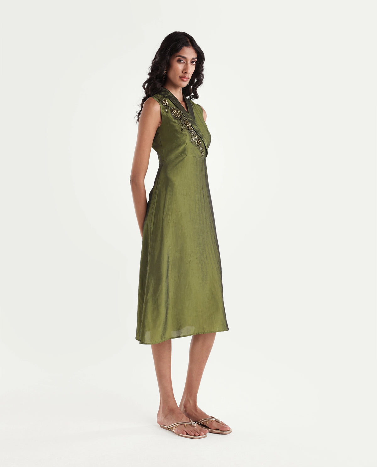 Rareism Women's Xanew Olive Viscose Blend Band Collar Fit And Flare Plain Dress