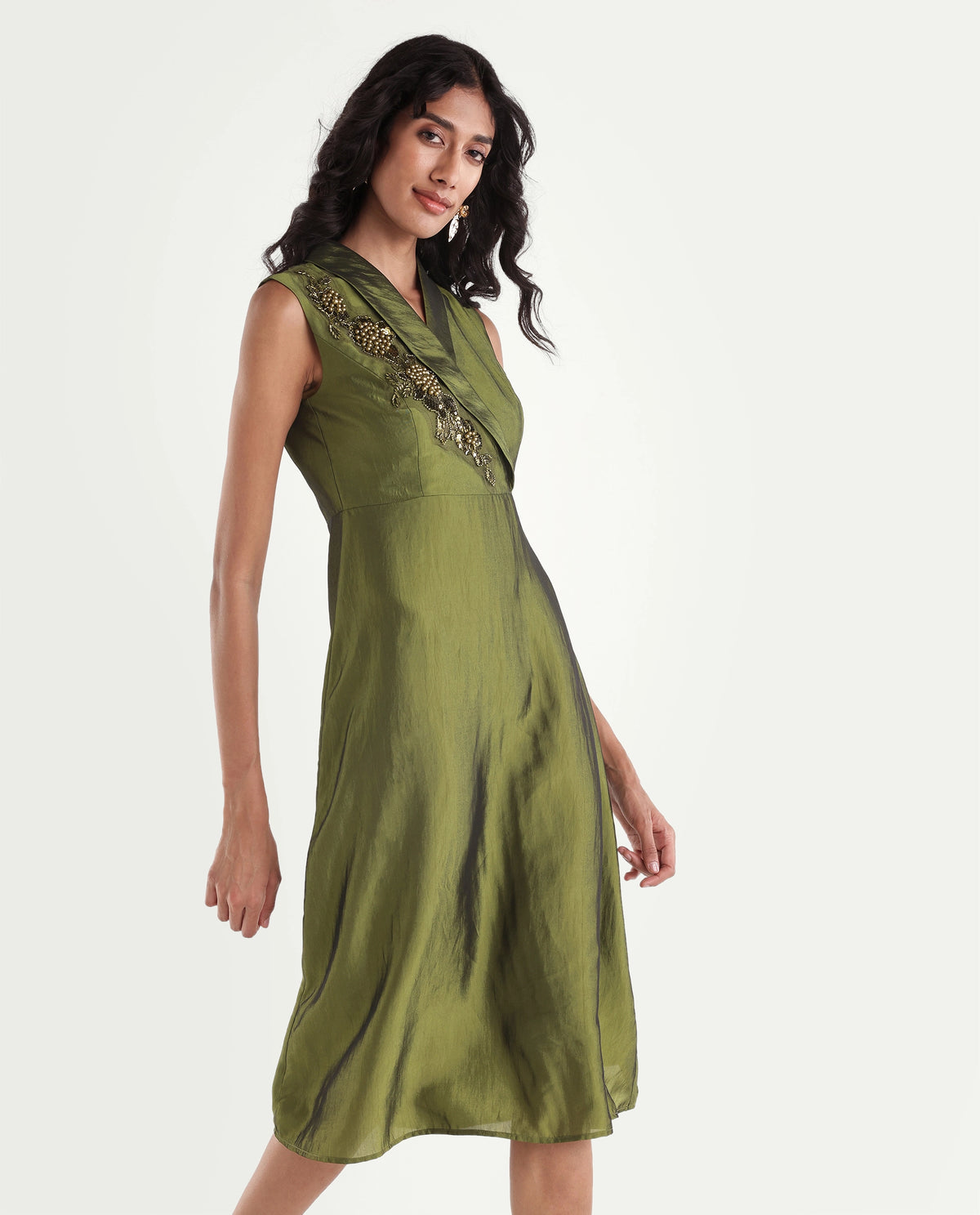 Rareism Women's Xanew Olive Viscose Blend Band Collar Fit And Flare Plain Dress
