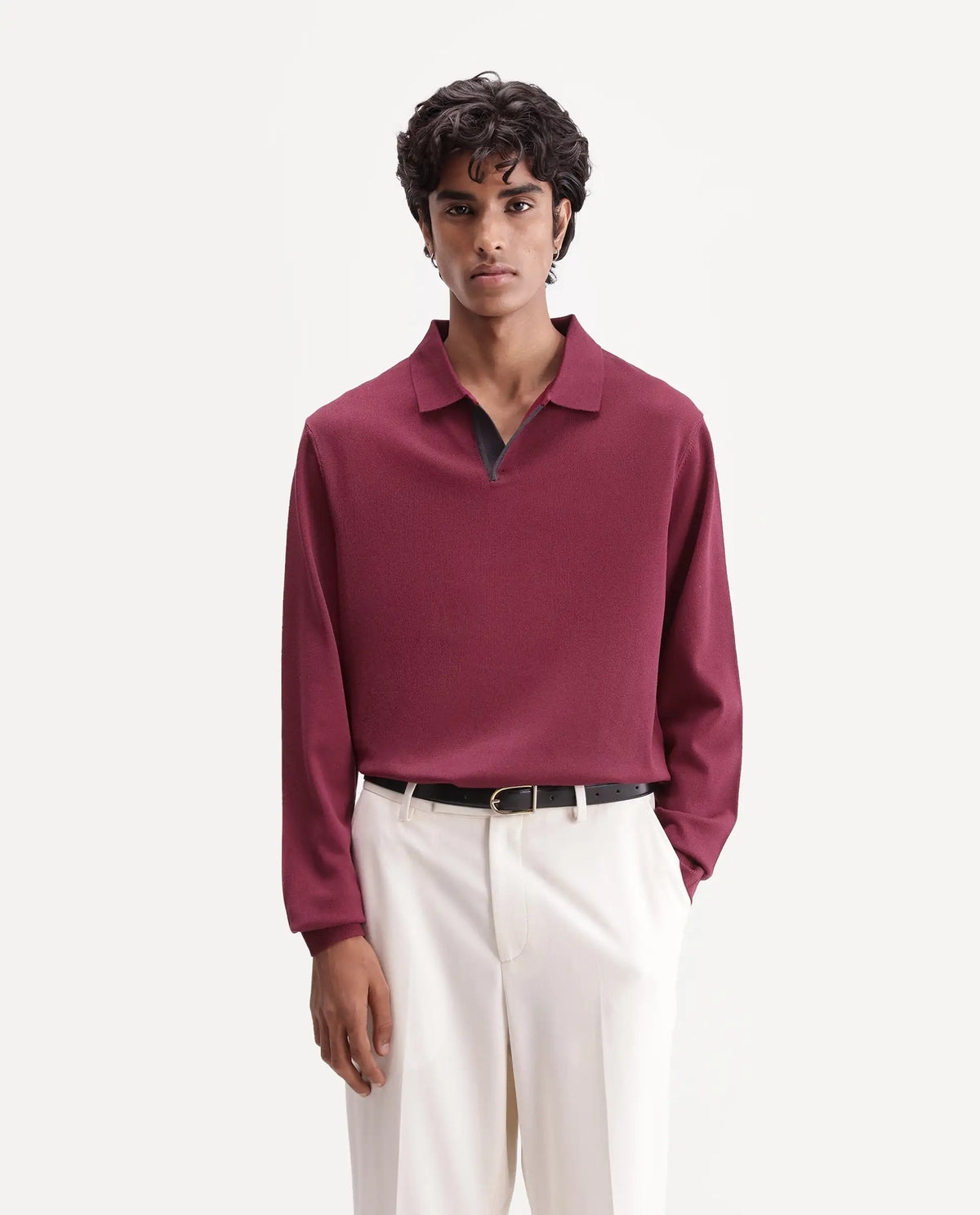 Rare Rabbit Mens Luma Dark Red Polyester Blend Spread Collar Regular Plain Polo