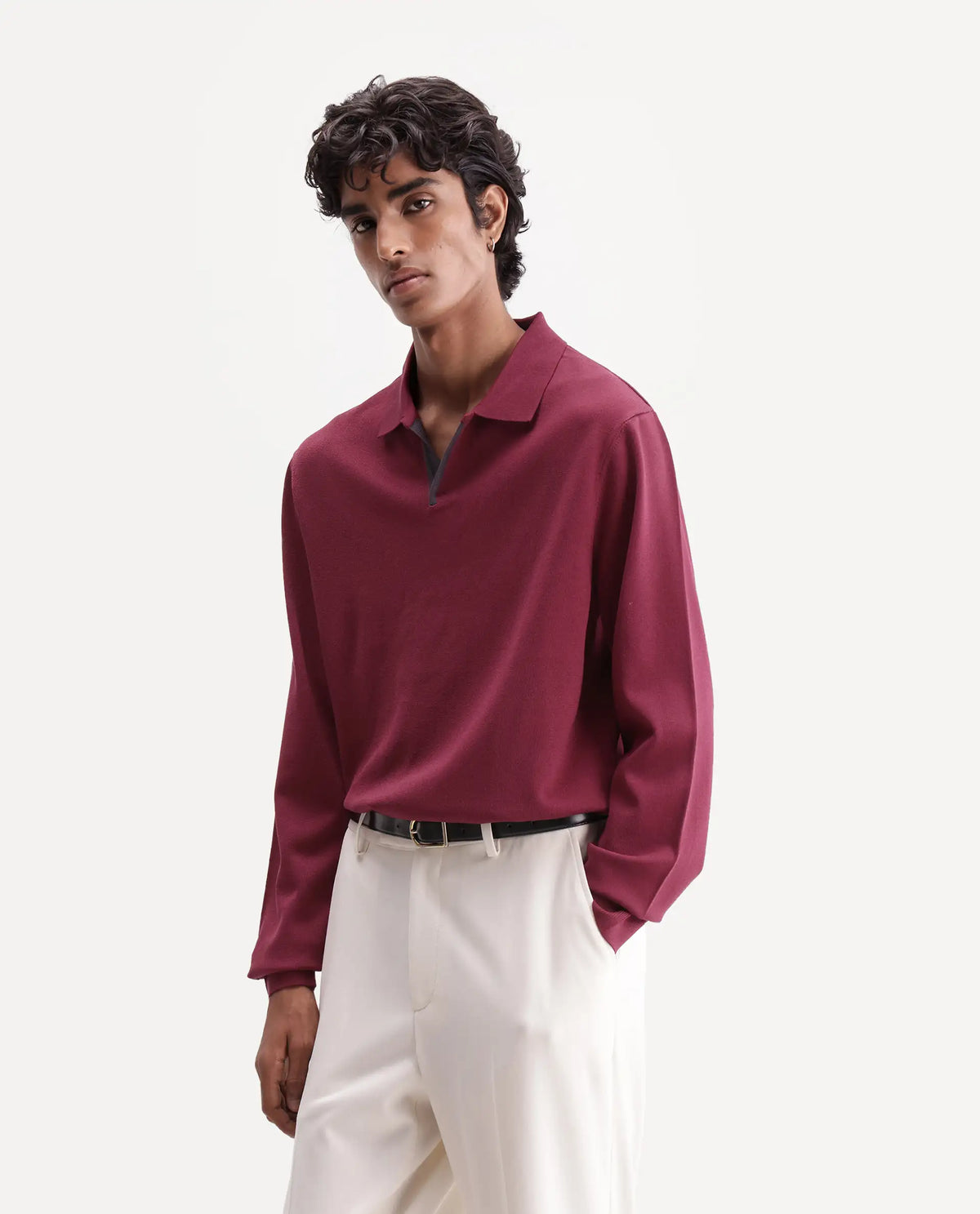 Rare Rabbit Mens Luma Dark Red Polyester Blend Spread Collar Regular Plain Polo