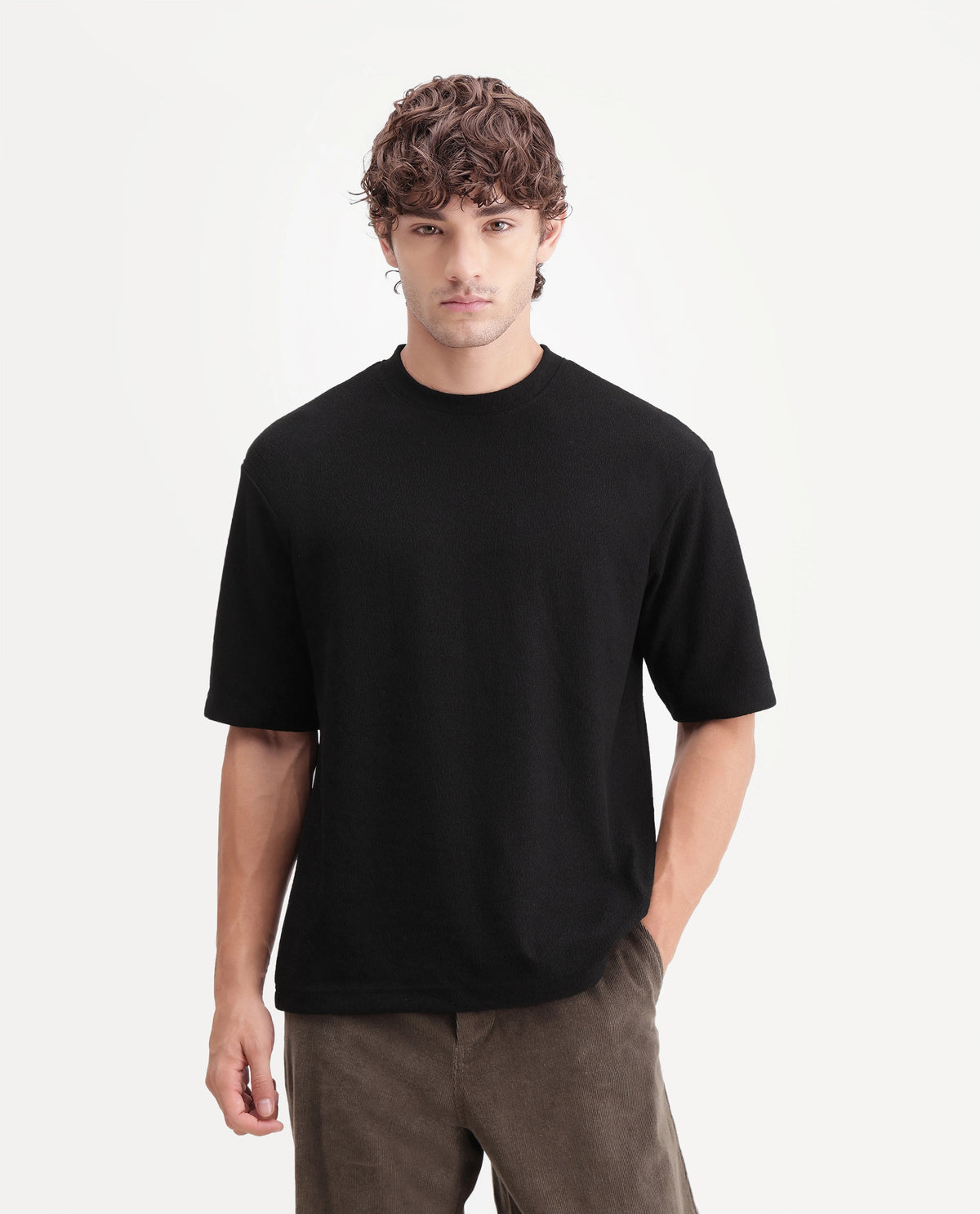 Rare Rabbit Men's Thira Black Cotton Blend Crew Neck Regular Plain T-Shirt