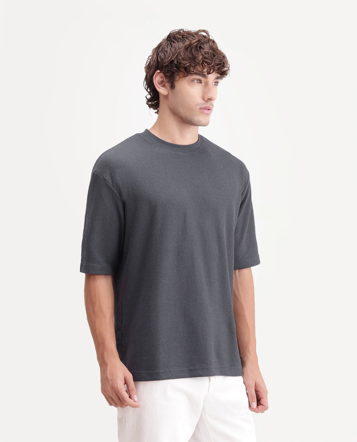 Rare Rabbit Men's Thira Dark Grey Cotton Blend Crew Neck Regular Plain T-Shirt
