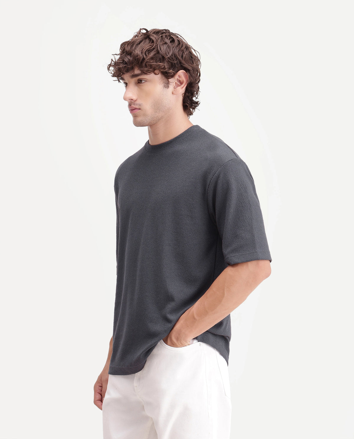 Rare Rabbit Men's Thira Dark Grey Cotton Blend Crew Neck Regular Plain T-Shirt
