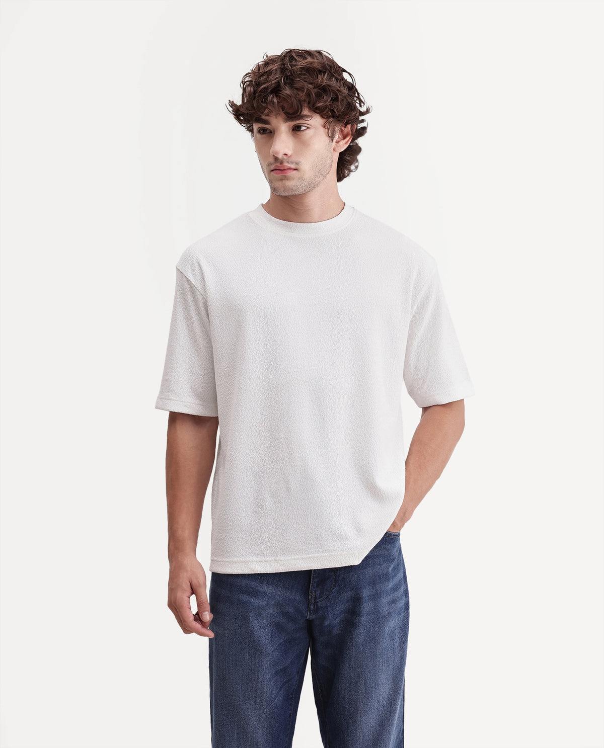Rare Rabbit Men's Thira Off White Cotton Blend Crew Neck Regular Plain T-Shirt