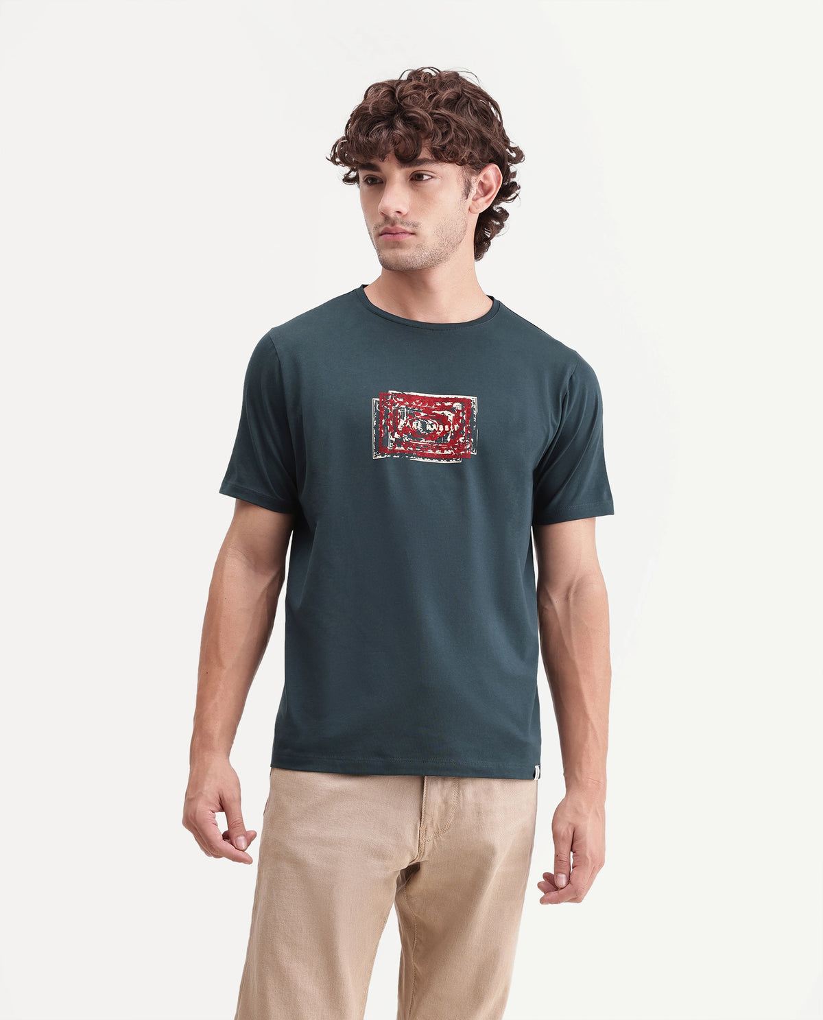 Rare Rabbit Men's Every Dark Green Cotton Blend Crew Neck Regular Graphic Print T-Shirt