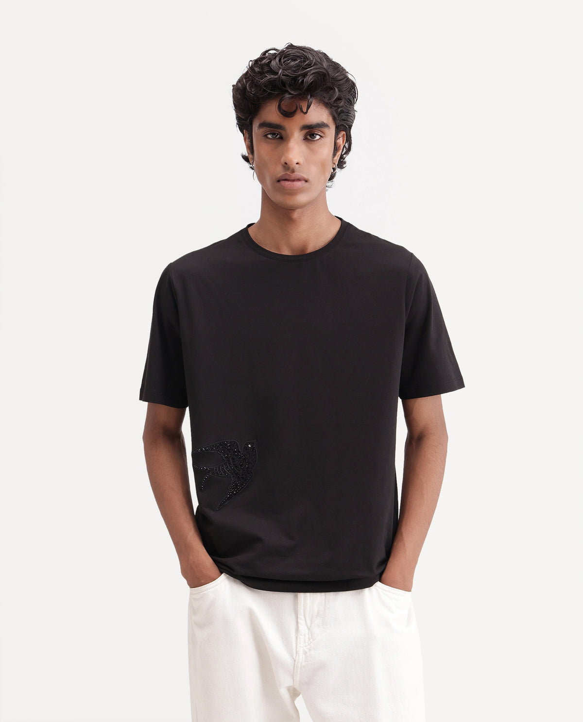 Rare Rabbit Men's Feath Black Cotton Blend Crew Neck Regular Graphic Print T-Shirt