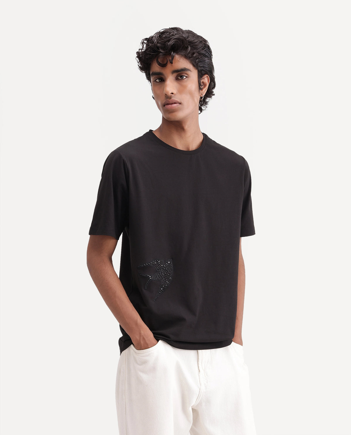 Rare Rabbit Men's Feath Black Cotton Blend Crew Neck Regular Graphic Print T-Shirt