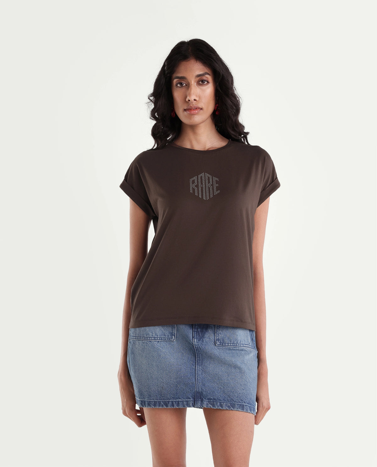 Rareism Women's Pimzu Dark Maroon Cotton Blend Crew Neck Relaxed Typography Print T-Shirt