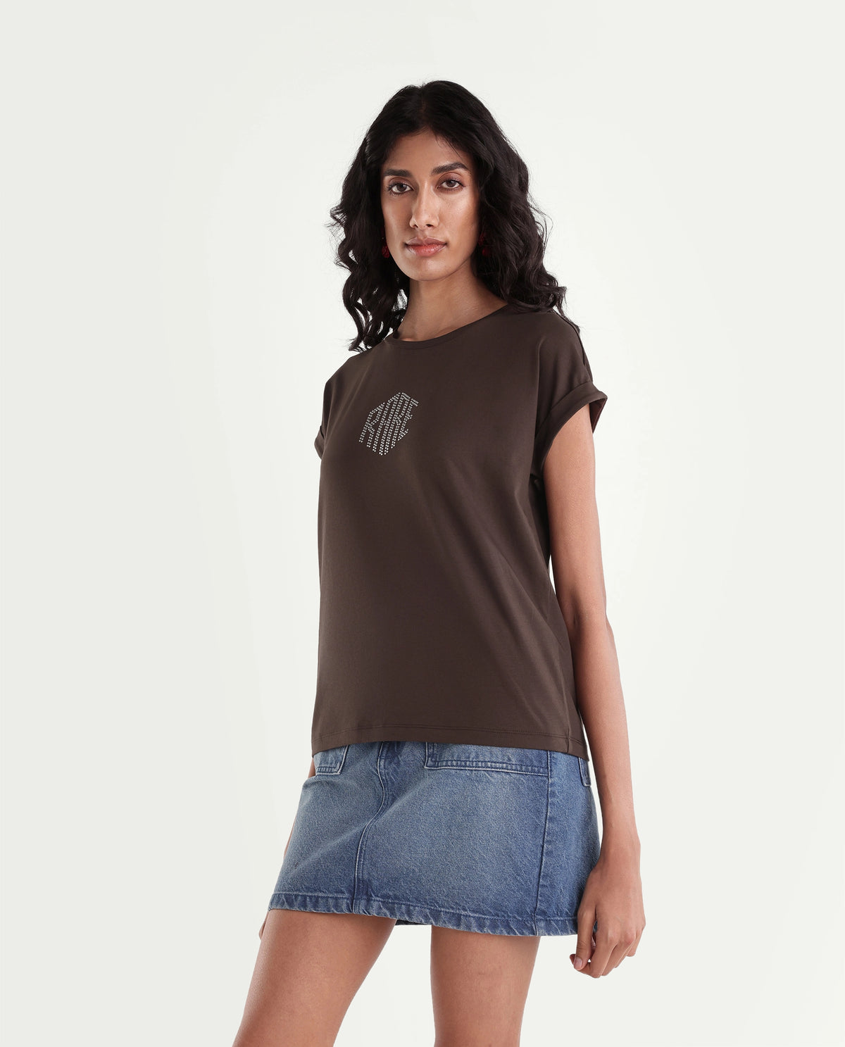 Rareism Women's Pimzu Dark Maroon Cotton Blend Crew Neck Relaxed Typography Print T-Shirt